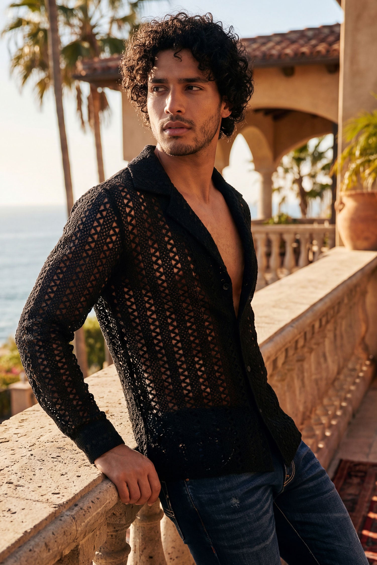 Barabas Men's See Through Knitted Breathable Long Sleeve Shirt 6KNB01 Black