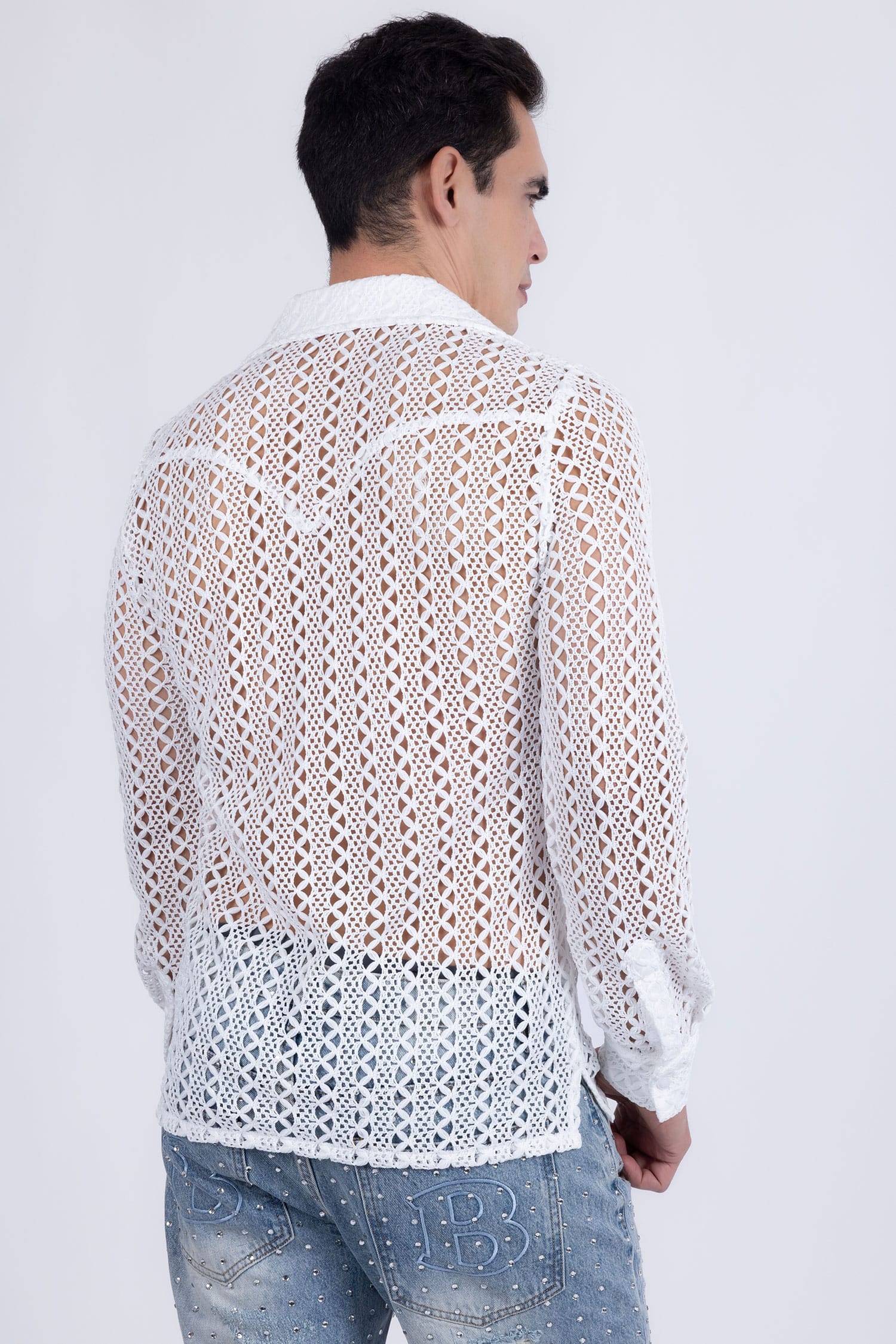 Barabas Men's See Through Knitted Breathable Long Sleeve Shirt 6KNB01 Off White