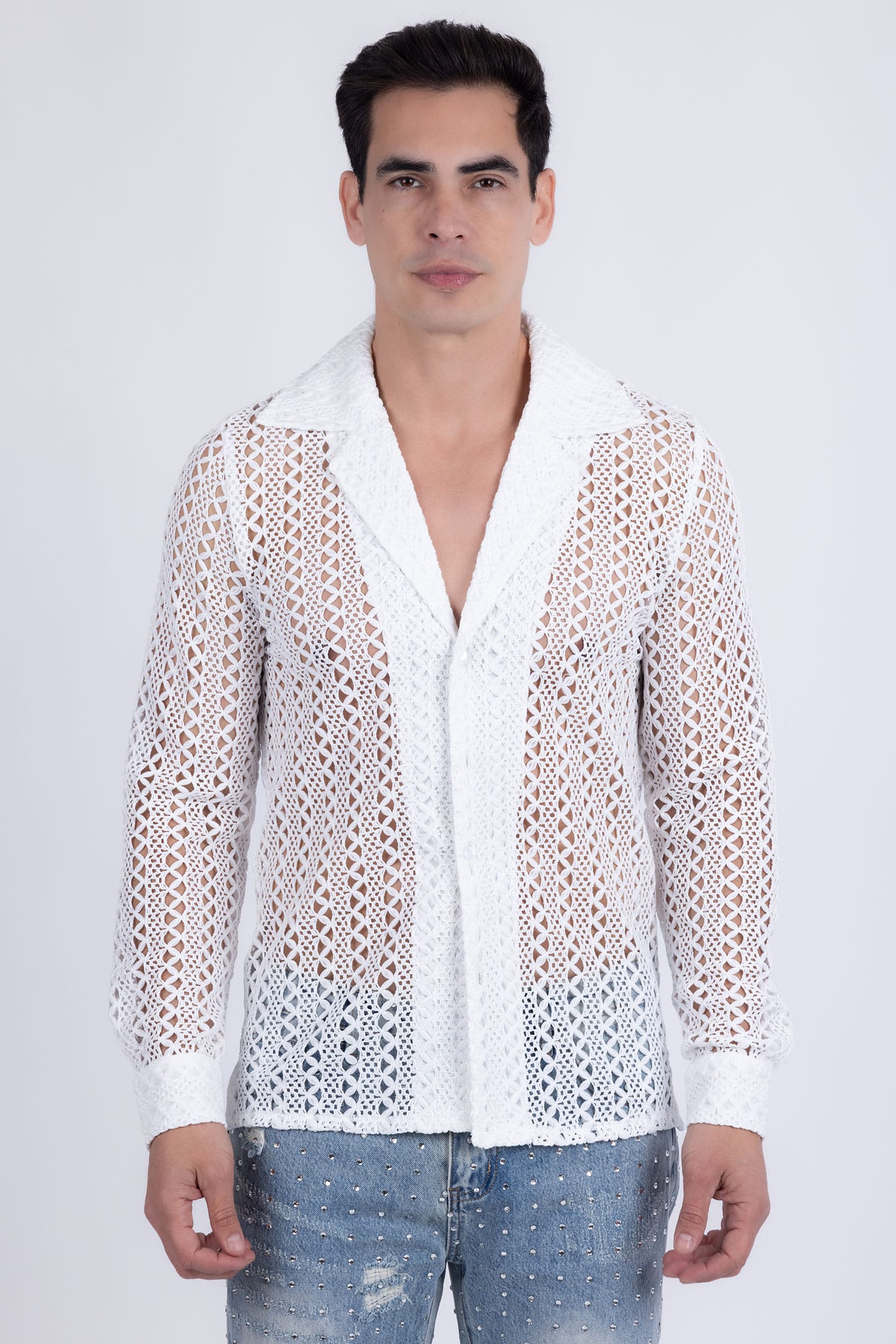 Barabas Men's See Through Knitted Breathable Long Sleeve Shirt 6KNB01 Snow White