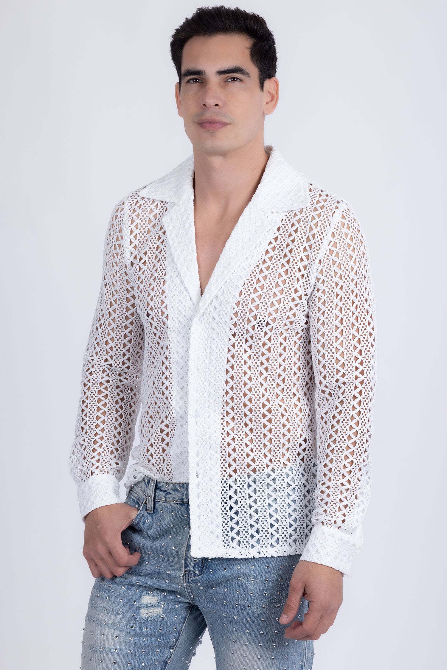 Barabas Men's See Through Knitted Breathable Long Sleeve Shirt 6KNB01 White