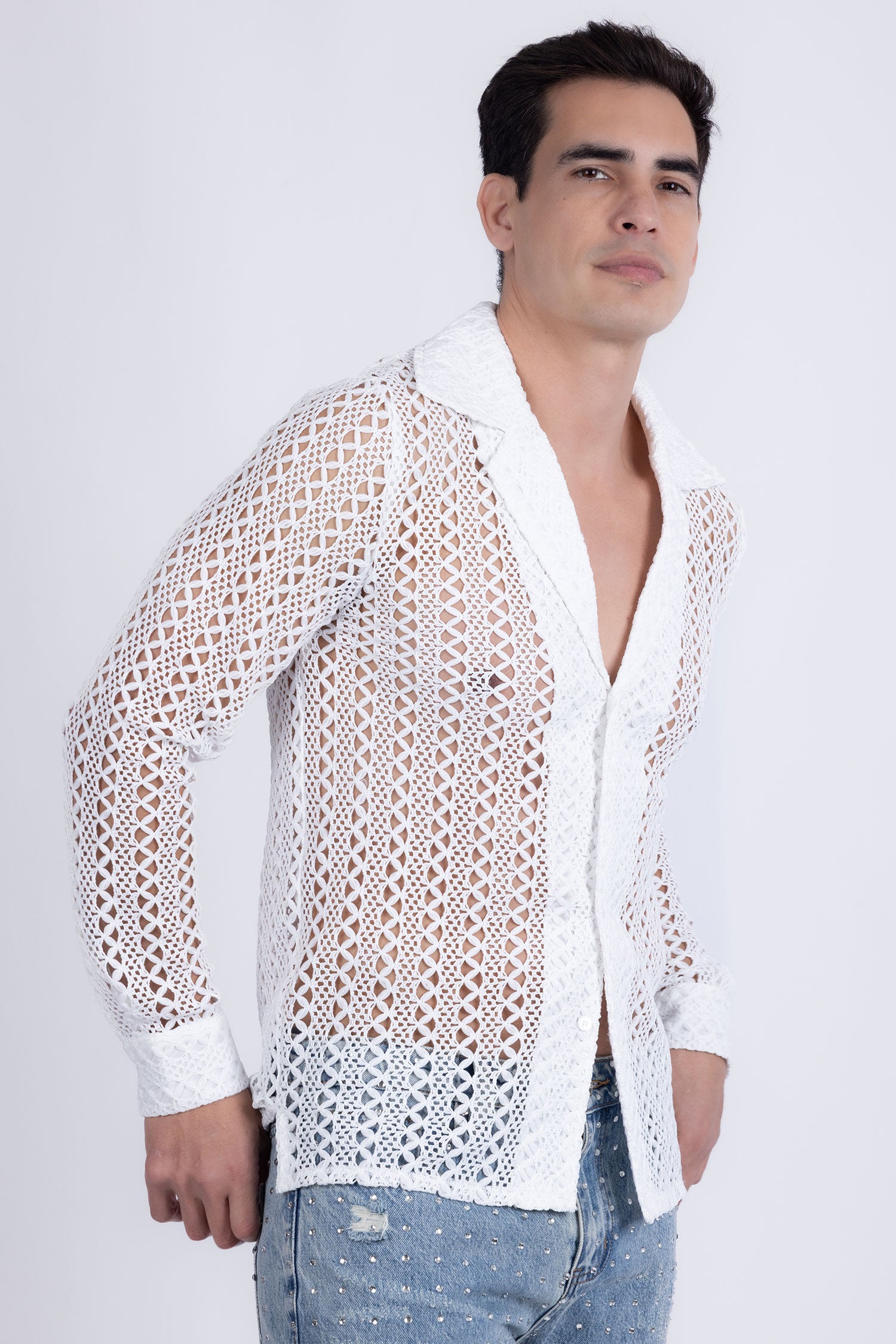 Barabas Men's See Through Knitted Breathable Long Sleeve Shirt 6KNB01 White