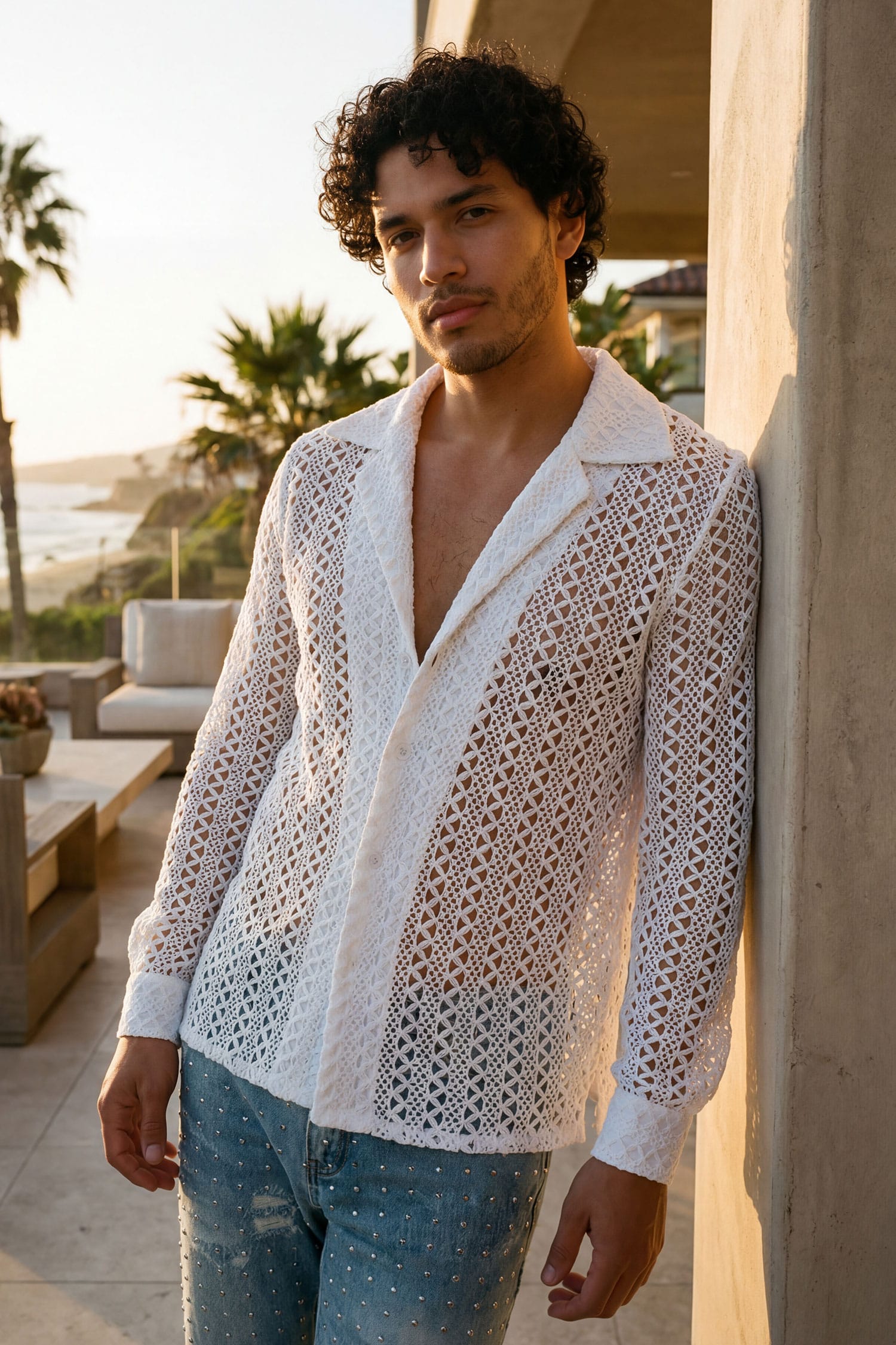 Barabas Men's See Through Knitted Breathable Long Sleeve Shirt 6KNB01 White