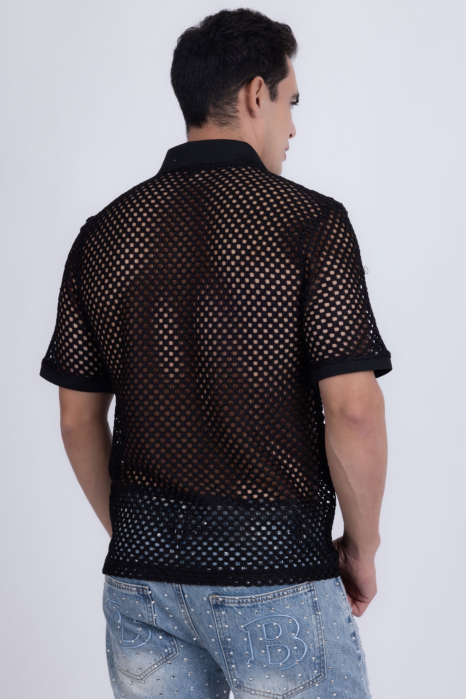 Barabas Men's See Through Knitted Geometric Stretch Polo Shirts 6KNP02 Black