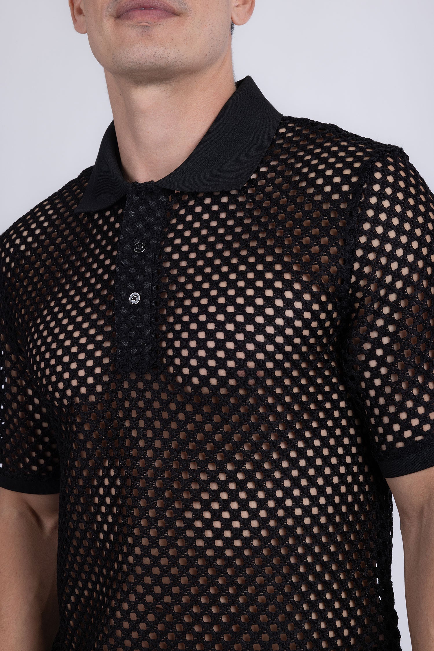 Barabas Men's See Through Knitted Geometric Stretch Polo Shirts 6KNP02 Black