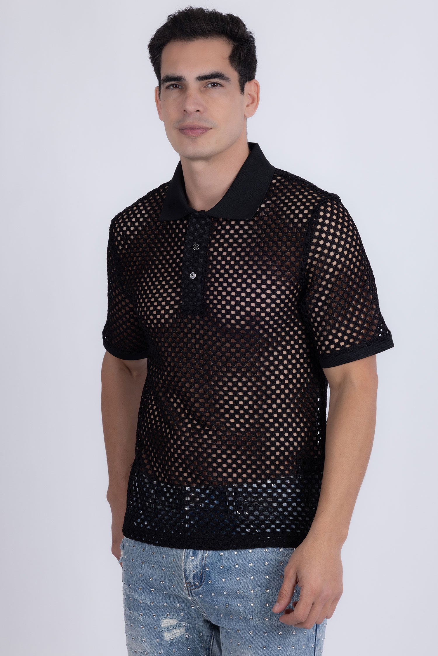Barabas Men's See Through Knitted Geometric Stretch Polo Shirts 6KNP02 Black