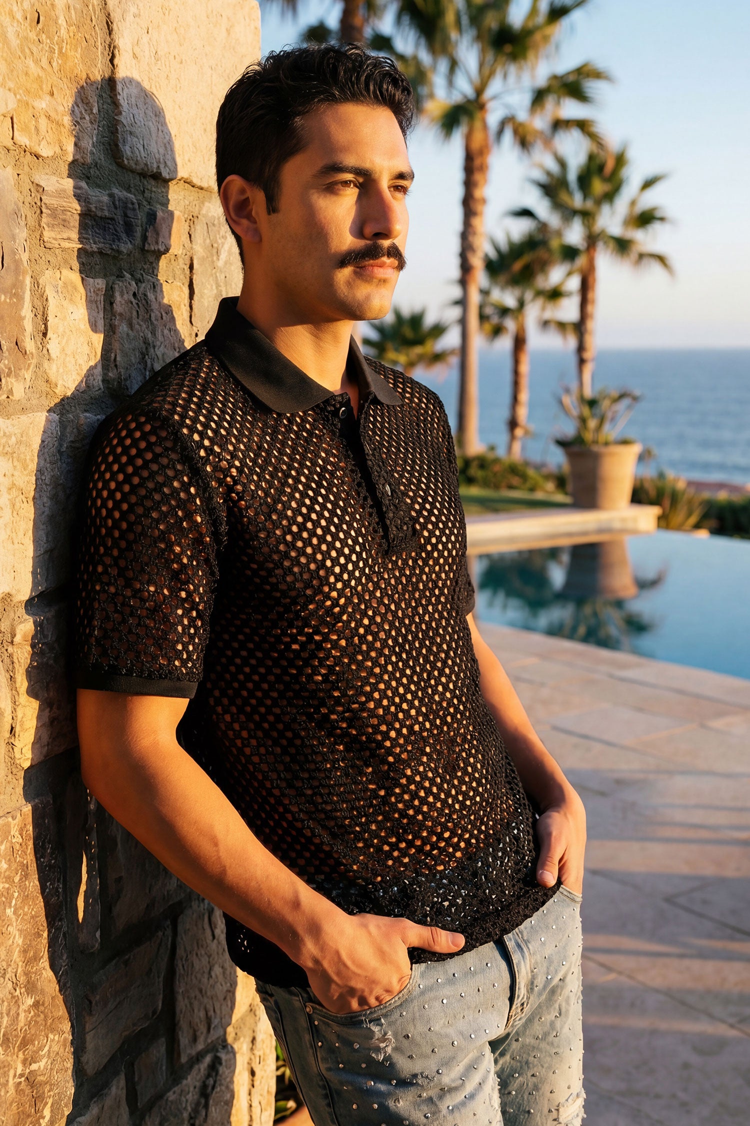 Barabas Men's See Through Knitted Geometric Stretch Polo Shirts 6KNP02 Black