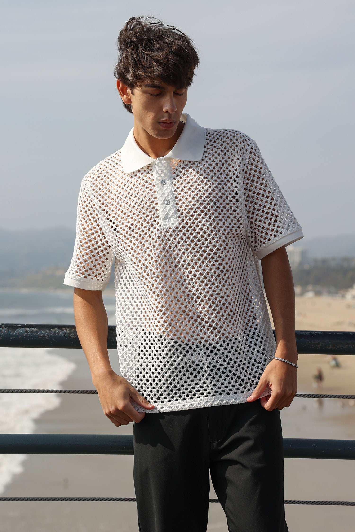 Barabas Men's See Through Knitted Geometric Stretch Polo Shirts 6KNP02 White