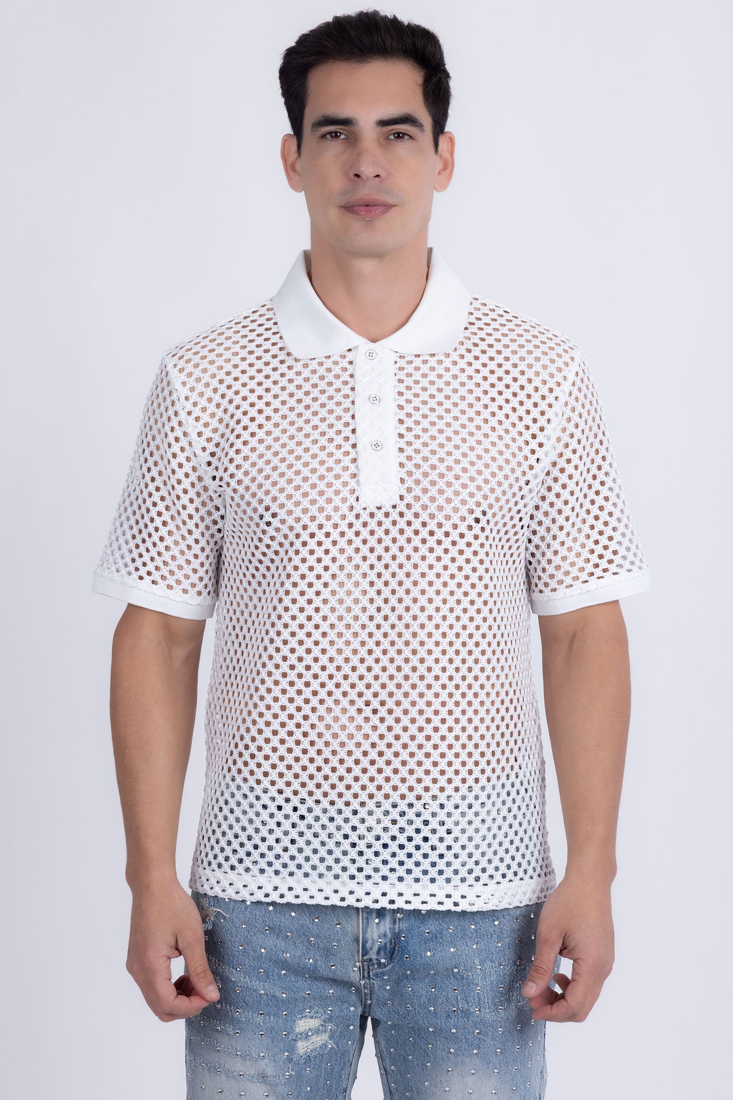 Barabas Men's See Through Knitted Geometric Stretch Polo Shirts 6KNP02 White