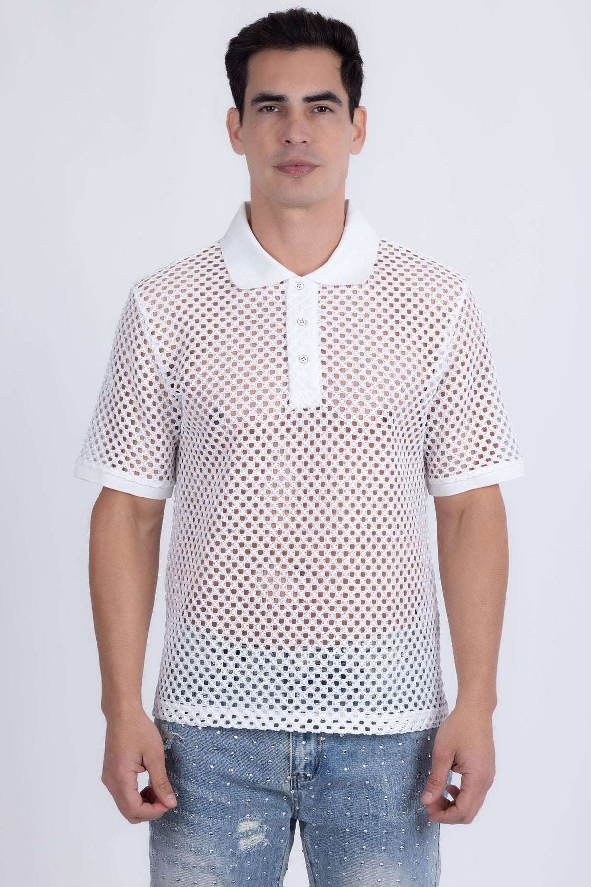 Barabas Men's See Through Knitted Geometric Stretch Polo Shirts 6KNP02 White