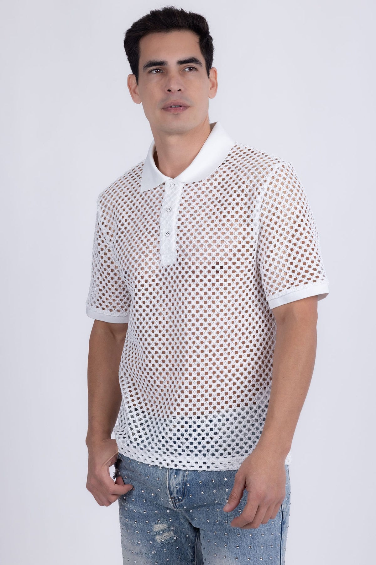 Barabas Men's See Through Knitted Geometric Stretch Polo Shirts 6KNP02 Snow White