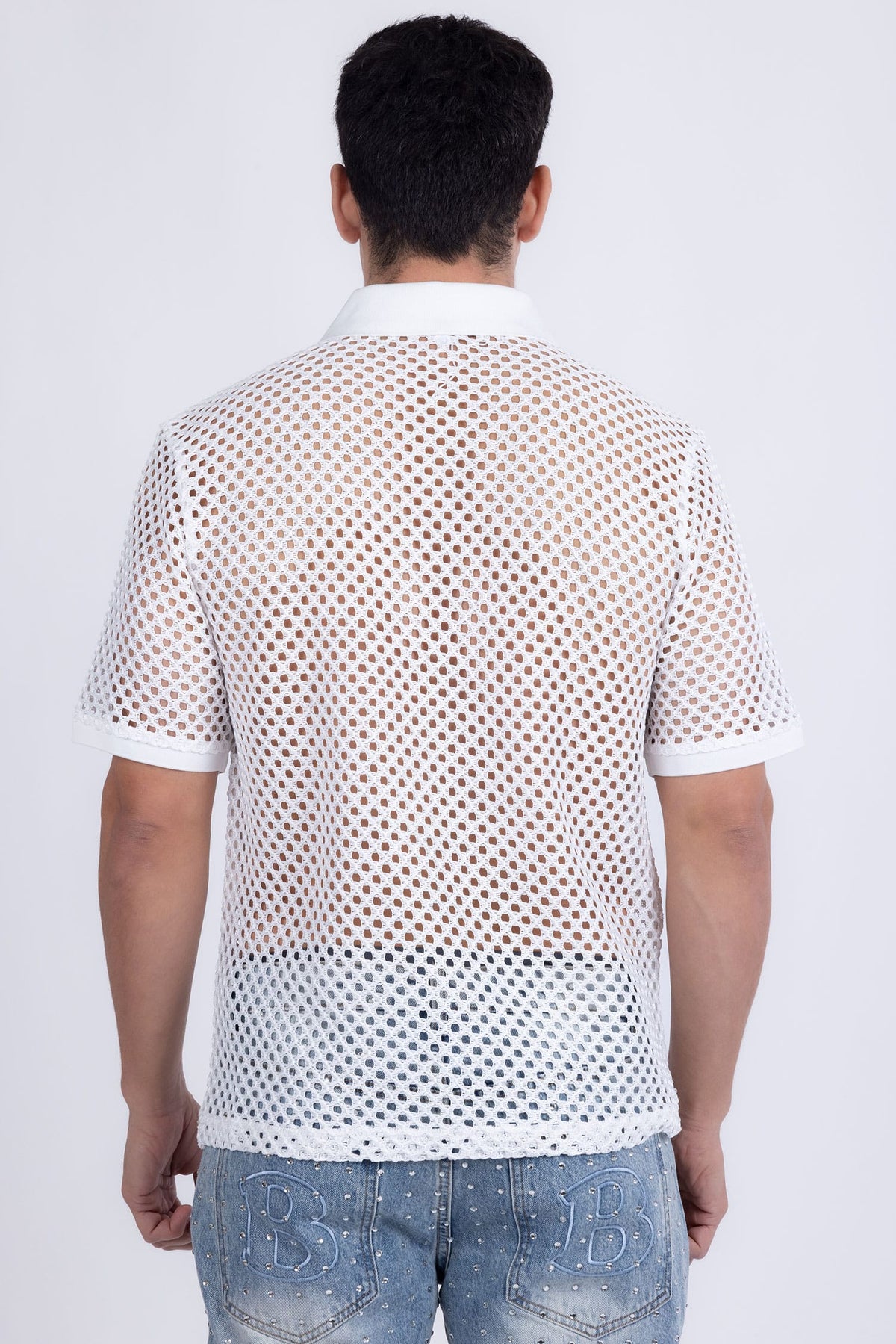 Barabas Men's See Through Knitted Geometric Stretch Polo Shirts 6KNP02 White