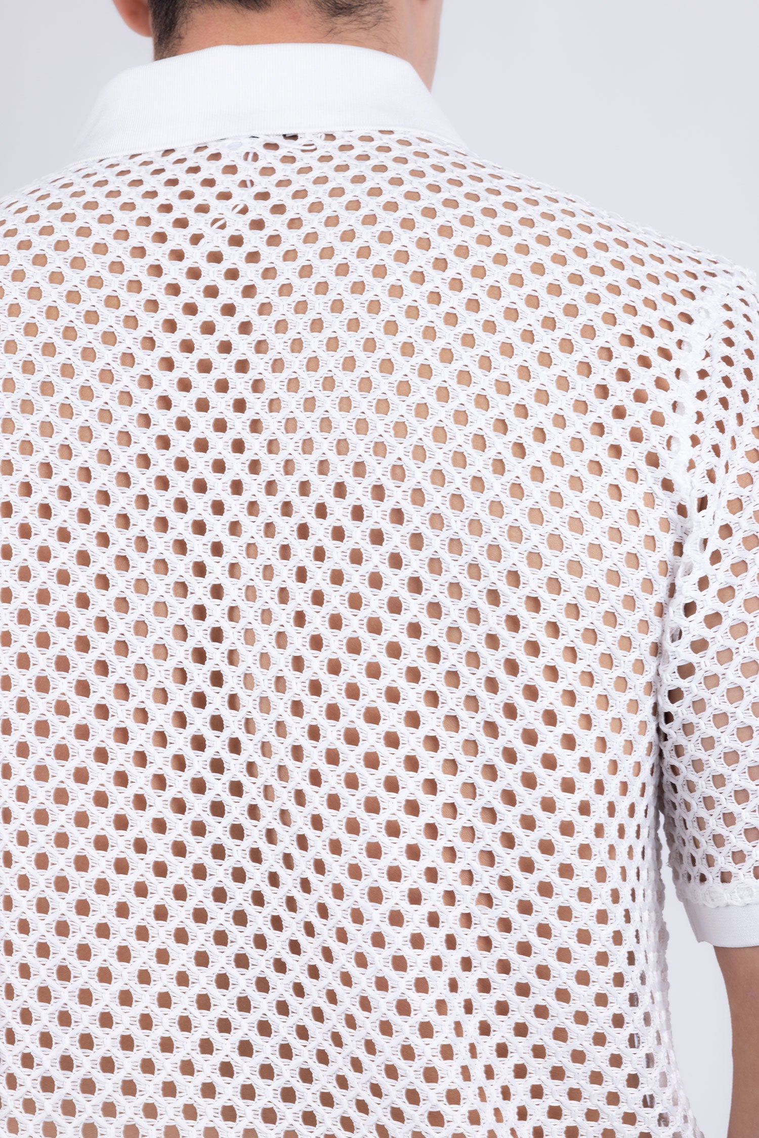 Barabas Men's See Through Knitted Geometric Stretch Polo Shirts 6KNP02 White