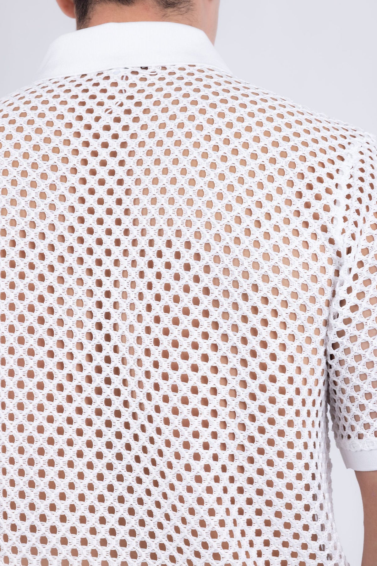 Barabas Men's See Through Knitted Geometric Stretch Polo Shirts 6KNP02 White