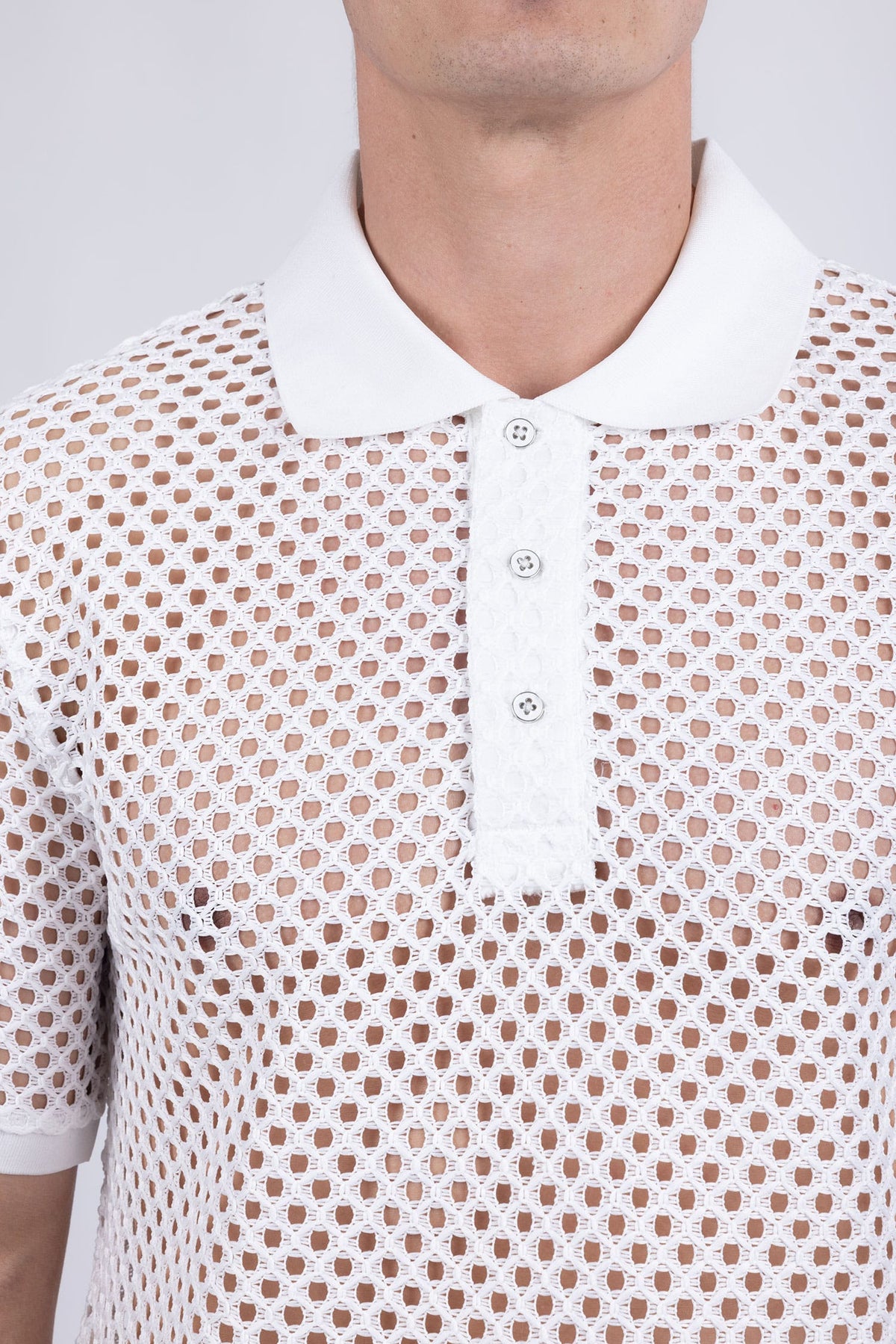 Barabas Men's See Through Knitted Geometric Stretch Polo Shirts 6KNP02 White