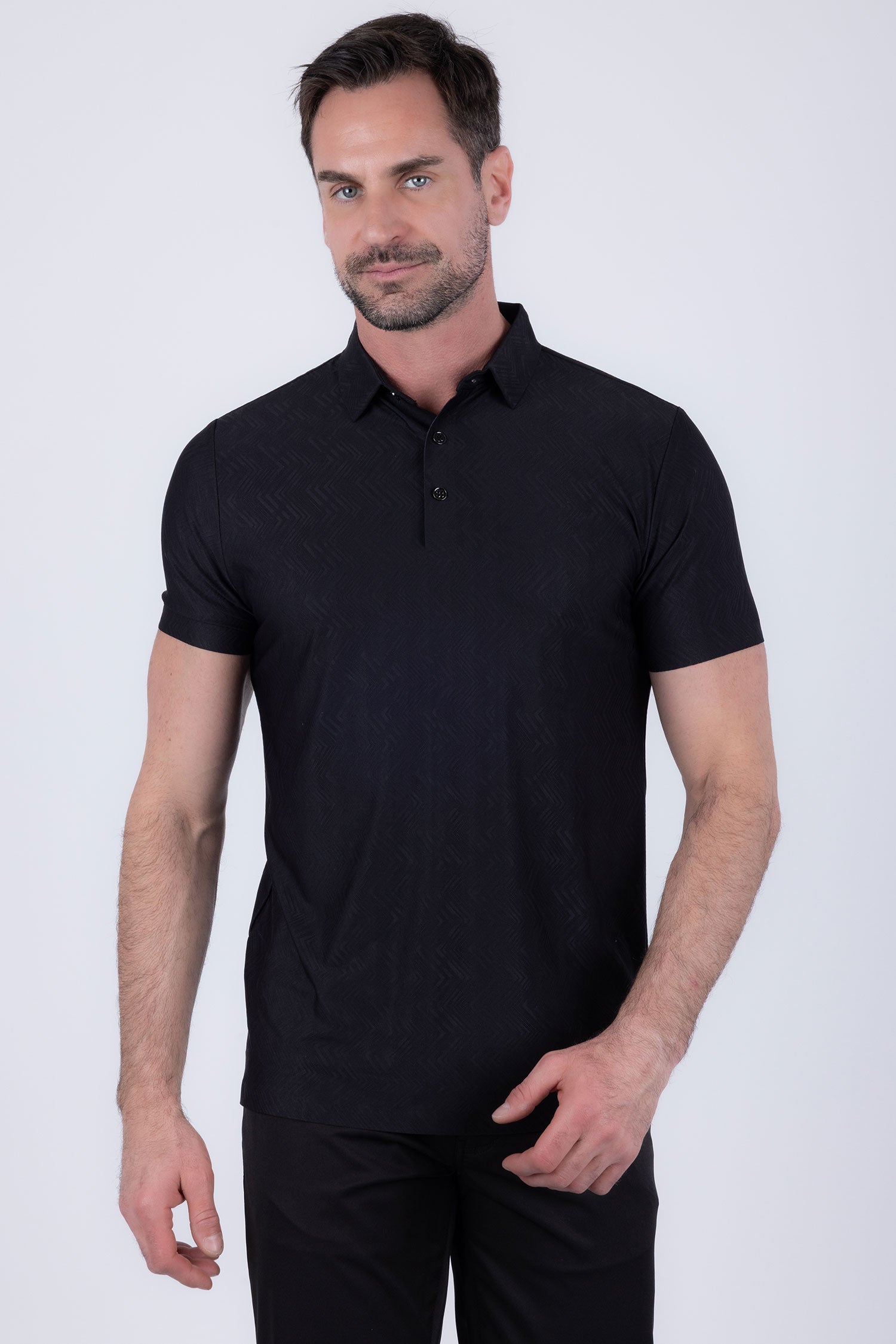 Barabas Men's Solid Color Geometric Stretch Polo Shirts 6P02 Black Beauty
