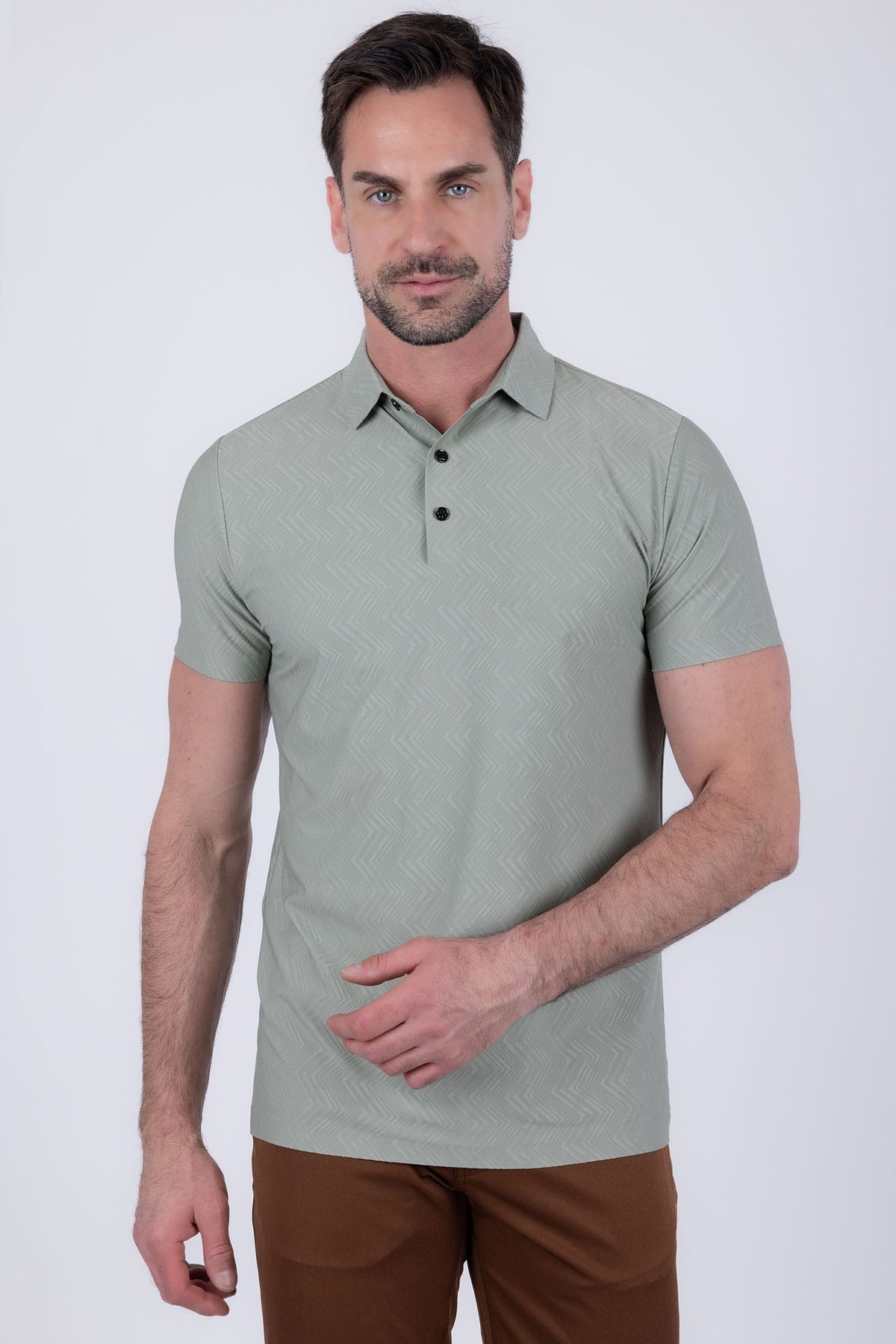 Barabas Men's Solid Color Geometric Stretch Polo Shirts 6P02 Green