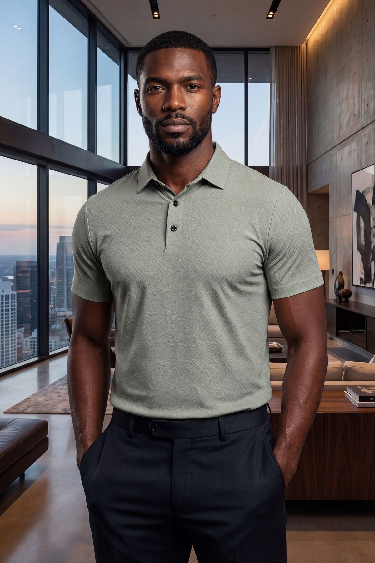 Barabas Men's Solid Color Geometric Stretch Polo Shirts 6P02 Sage