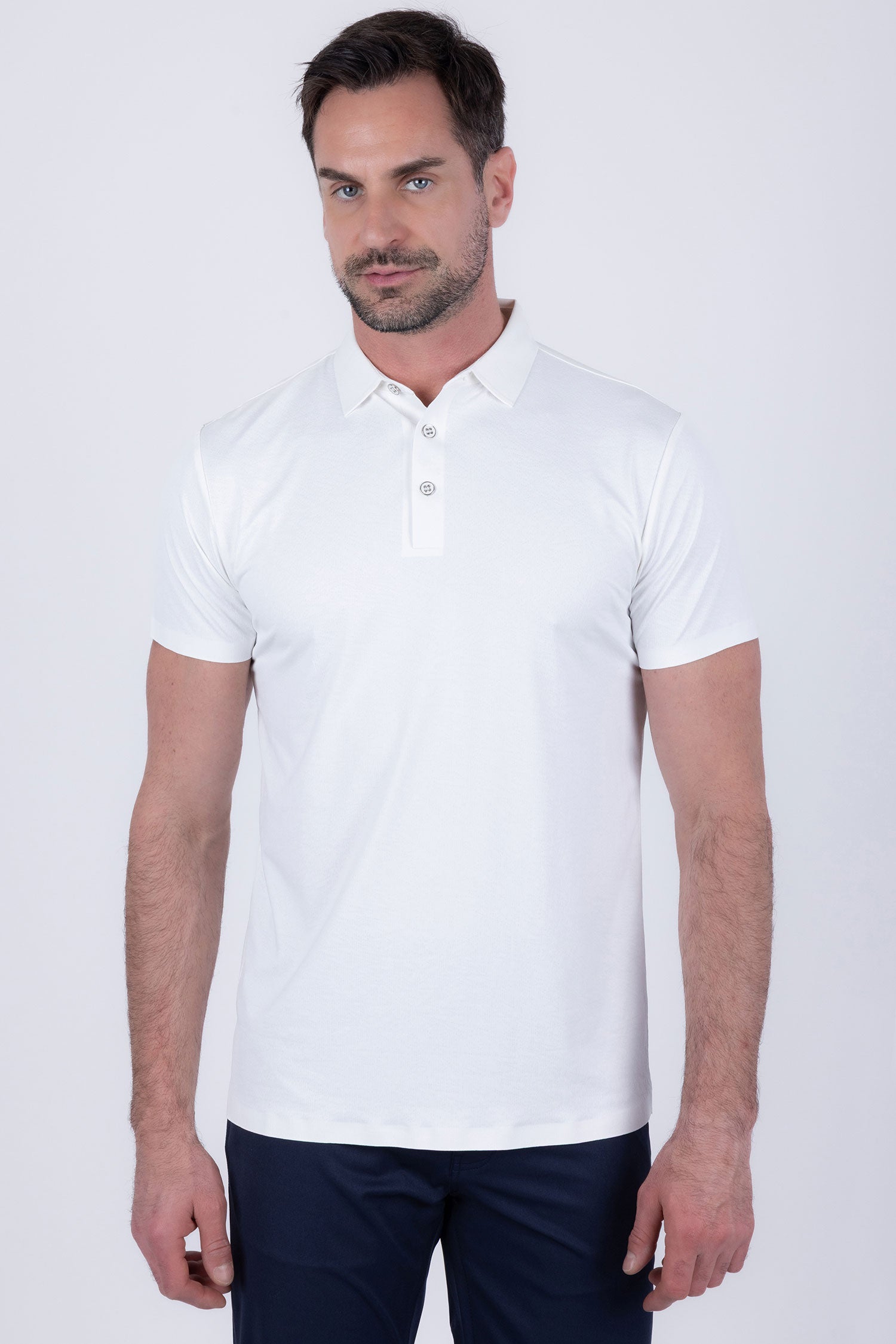Barabas Men's Solid Color Geometric Stretch Polo Shirts 6P03 White