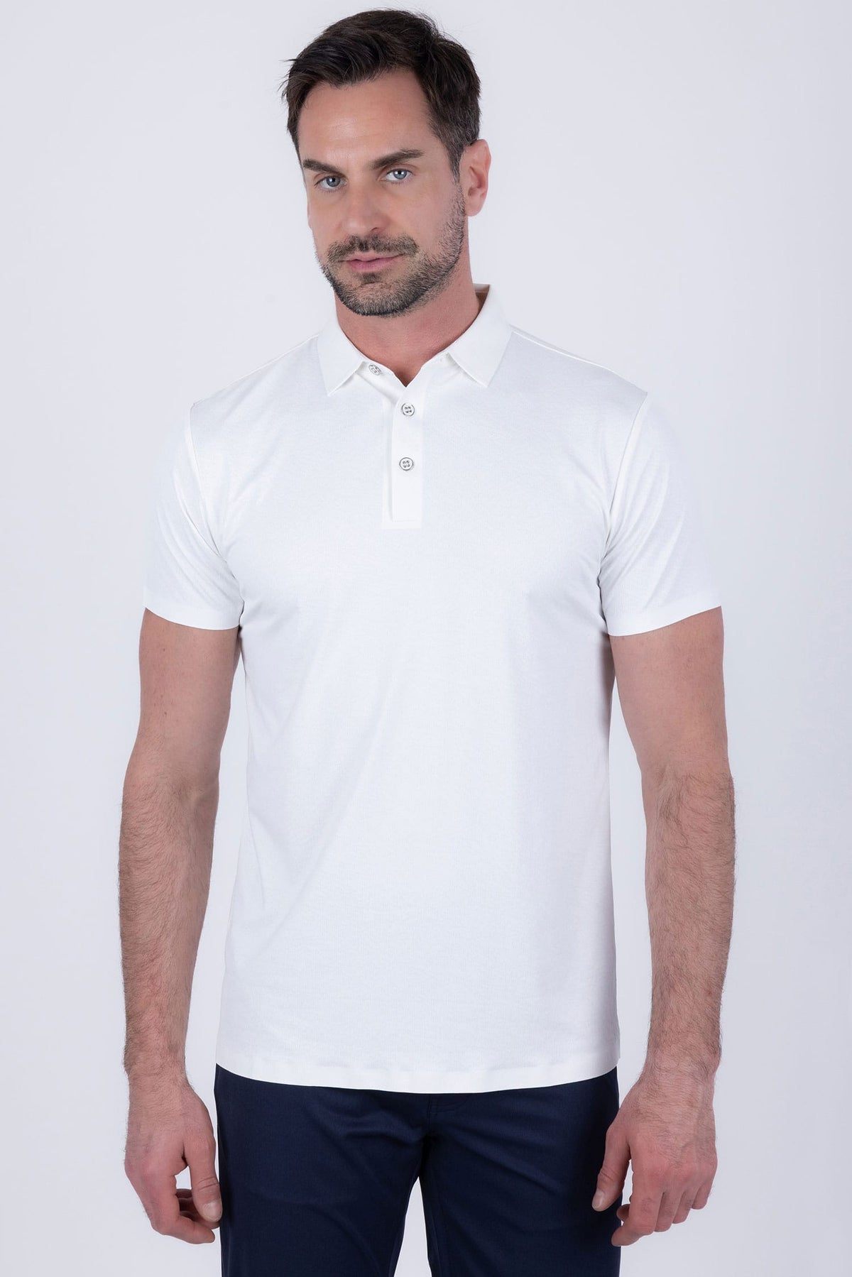 Barabas Men's Solid Color Geometric Stretch Polo Shirts 6P03 White