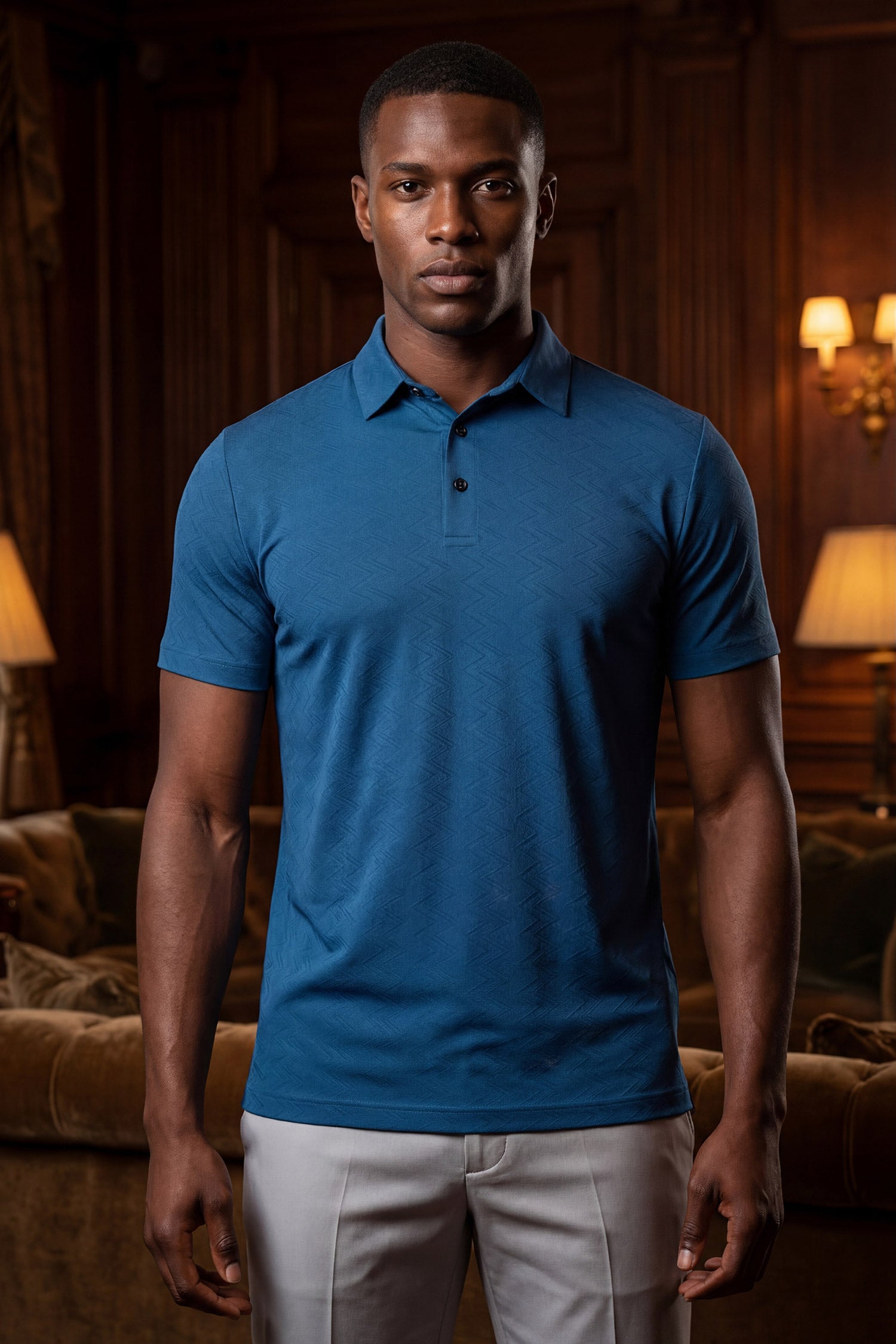 Barabas Men's Solid Color Geometric Stretch Polo Shirts 6P05 Blue