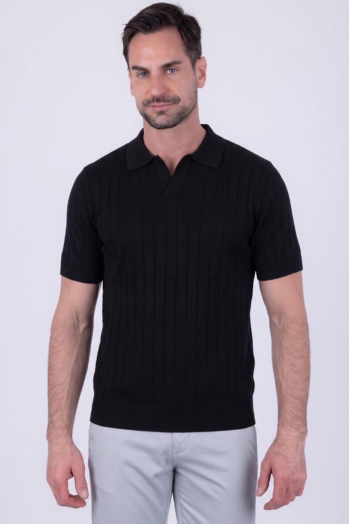 Barabas Men's Geometric Stretch Ribbed Cuff and Hem Polo Shirt #Color_Black Beauty