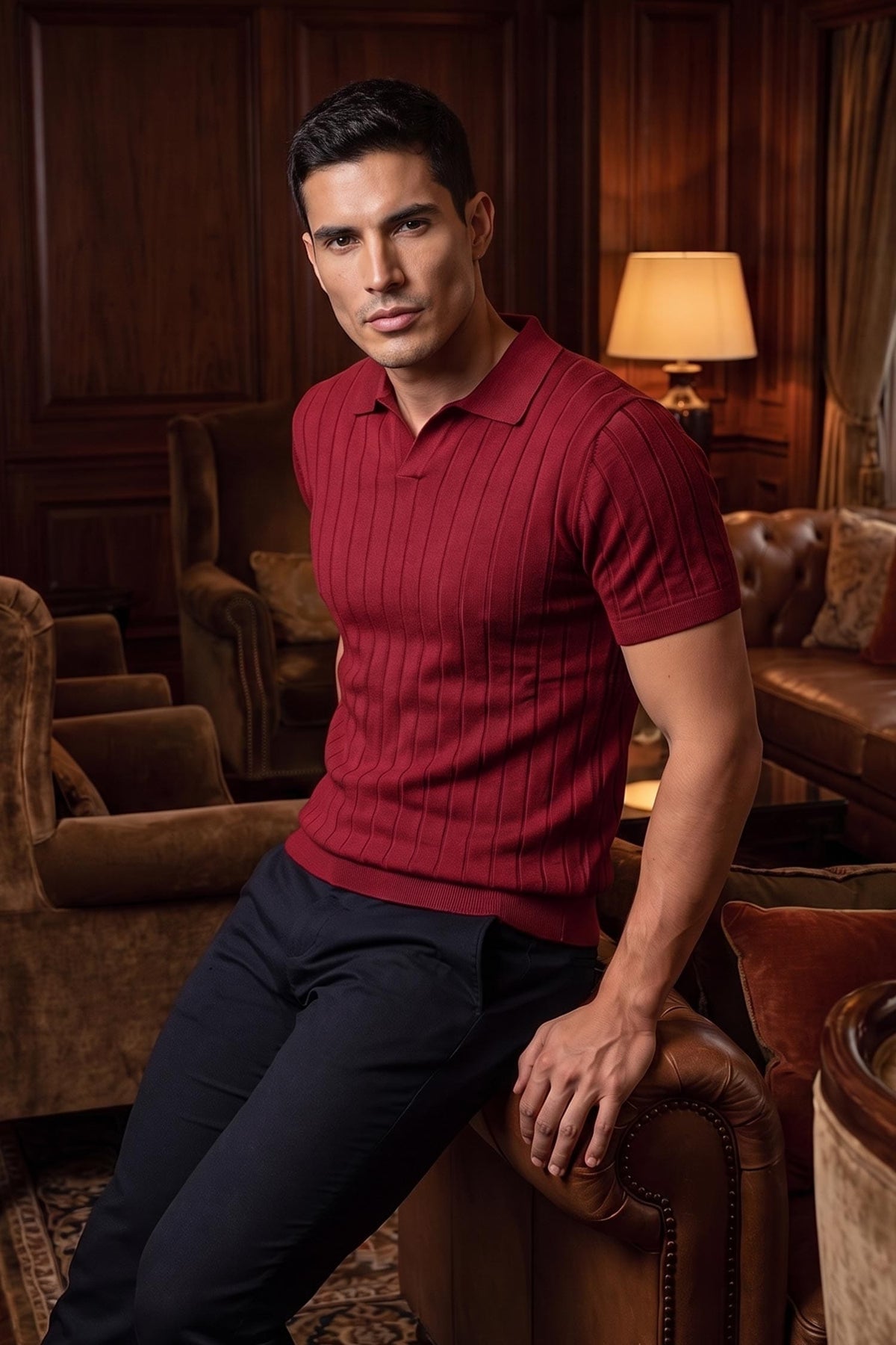Barabas Men's Geometric Stretch Ribbed Cuff and Hem Polo Shirt #Color_Cabernet