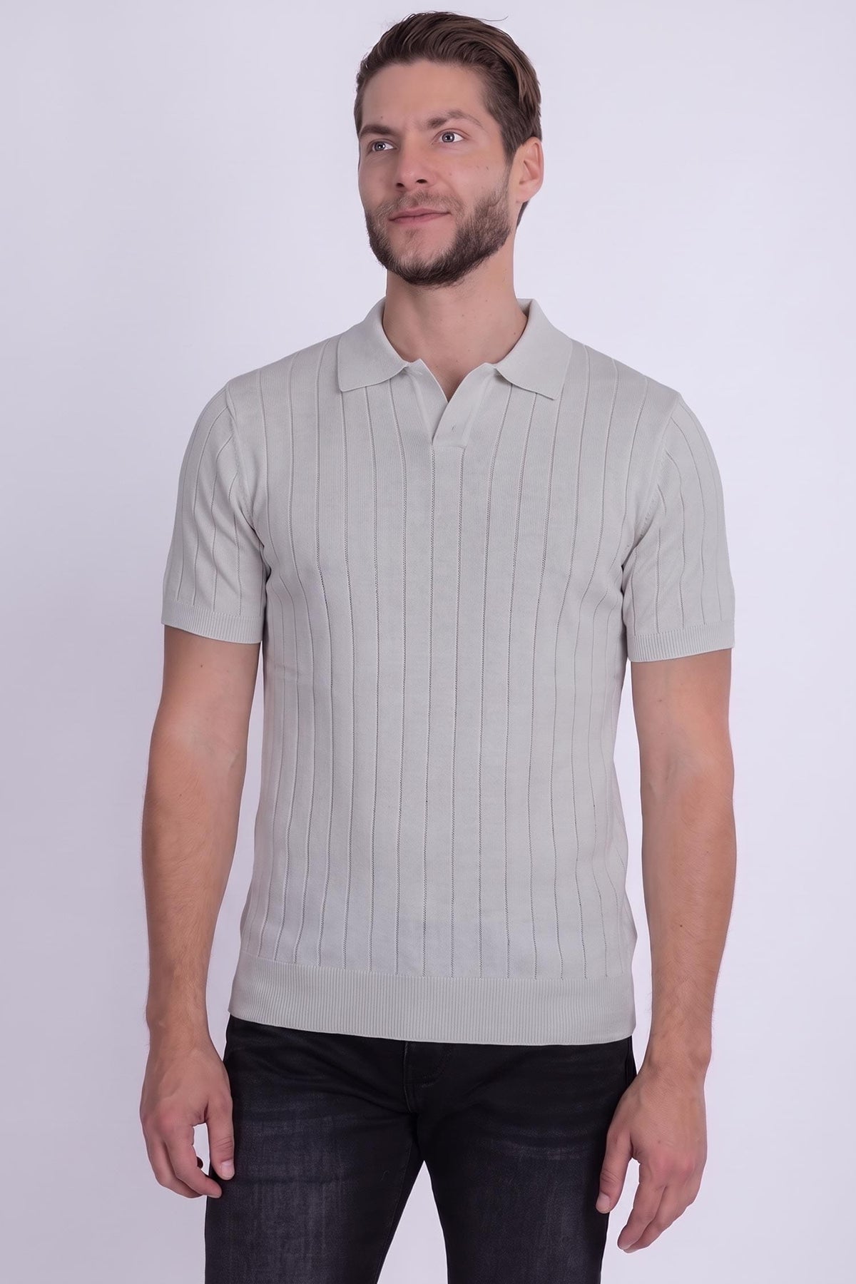 Barabas Men's Geometric Stretch Ribbed Cuff and Hem Polo Shirt #Color_Harbor Mist