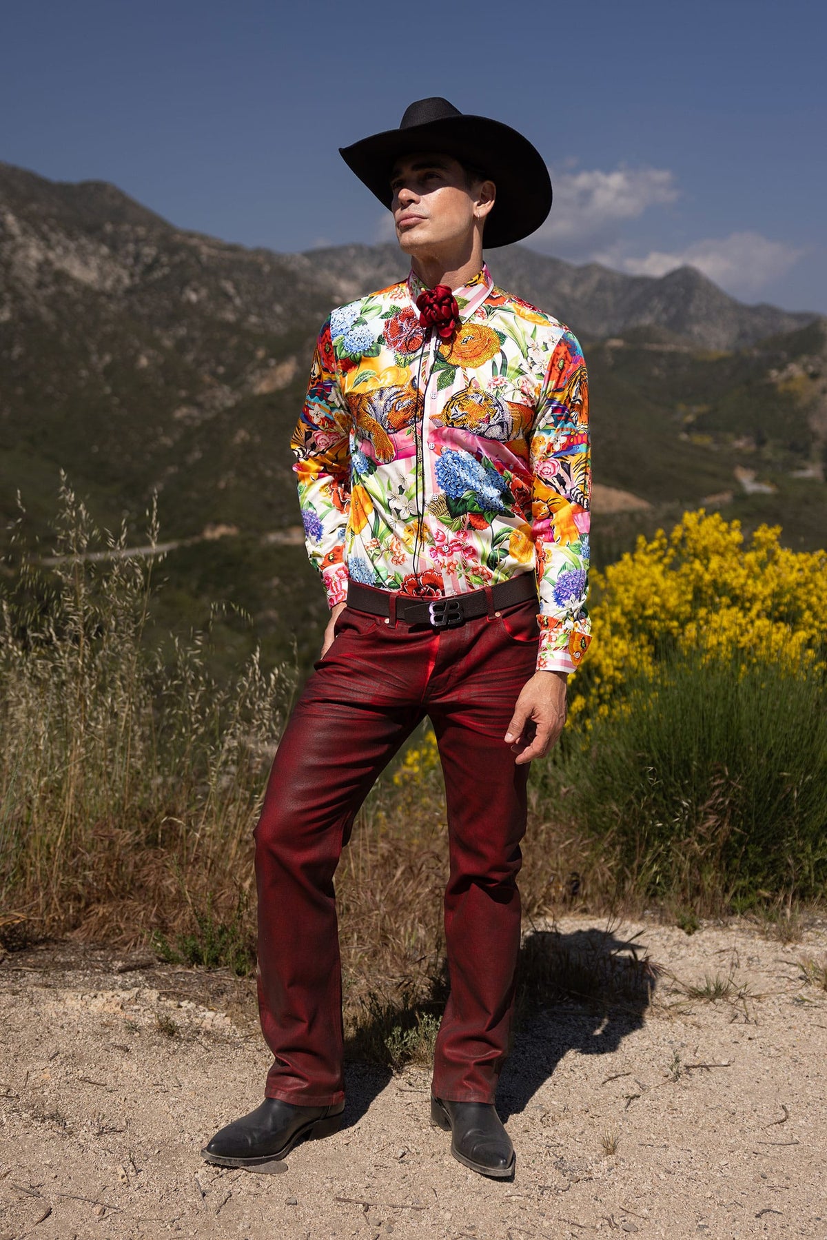Barabas Men's Tiger Floral Rhinestones Long Sleeve Shirts 6SPR01 Multicolor