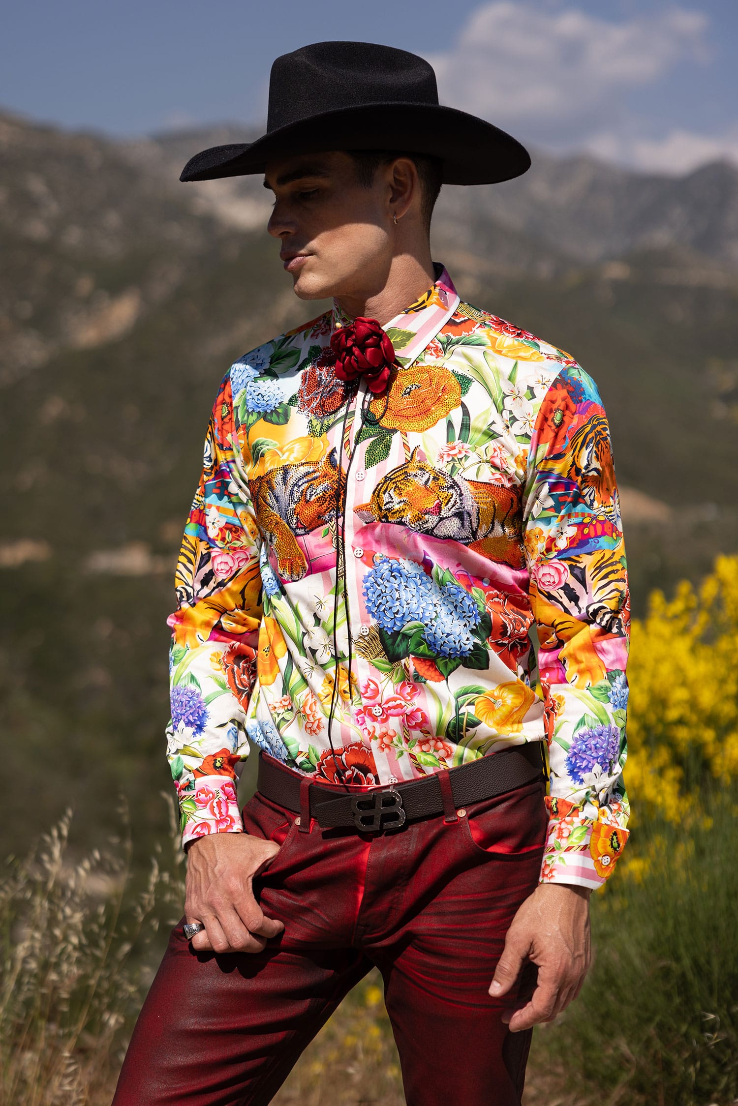 Barabas Men's Tiger Floral Rhinestones Long Sleeve Shirts 6SPR01 Multicolor