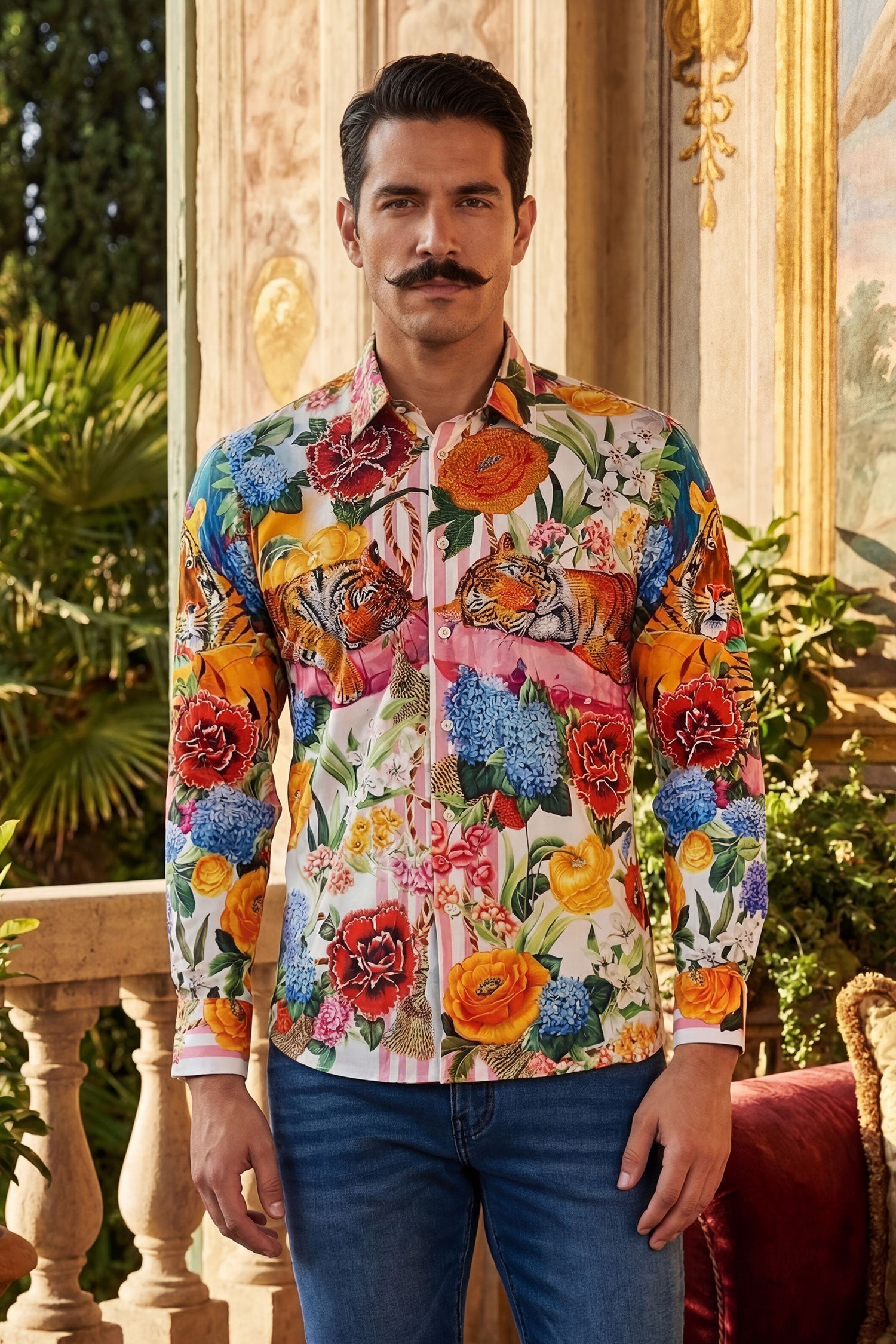 Barabas Men's Tiger Floral Rhinestones Long Sleeve Shirts 6SPR01 Multicolor