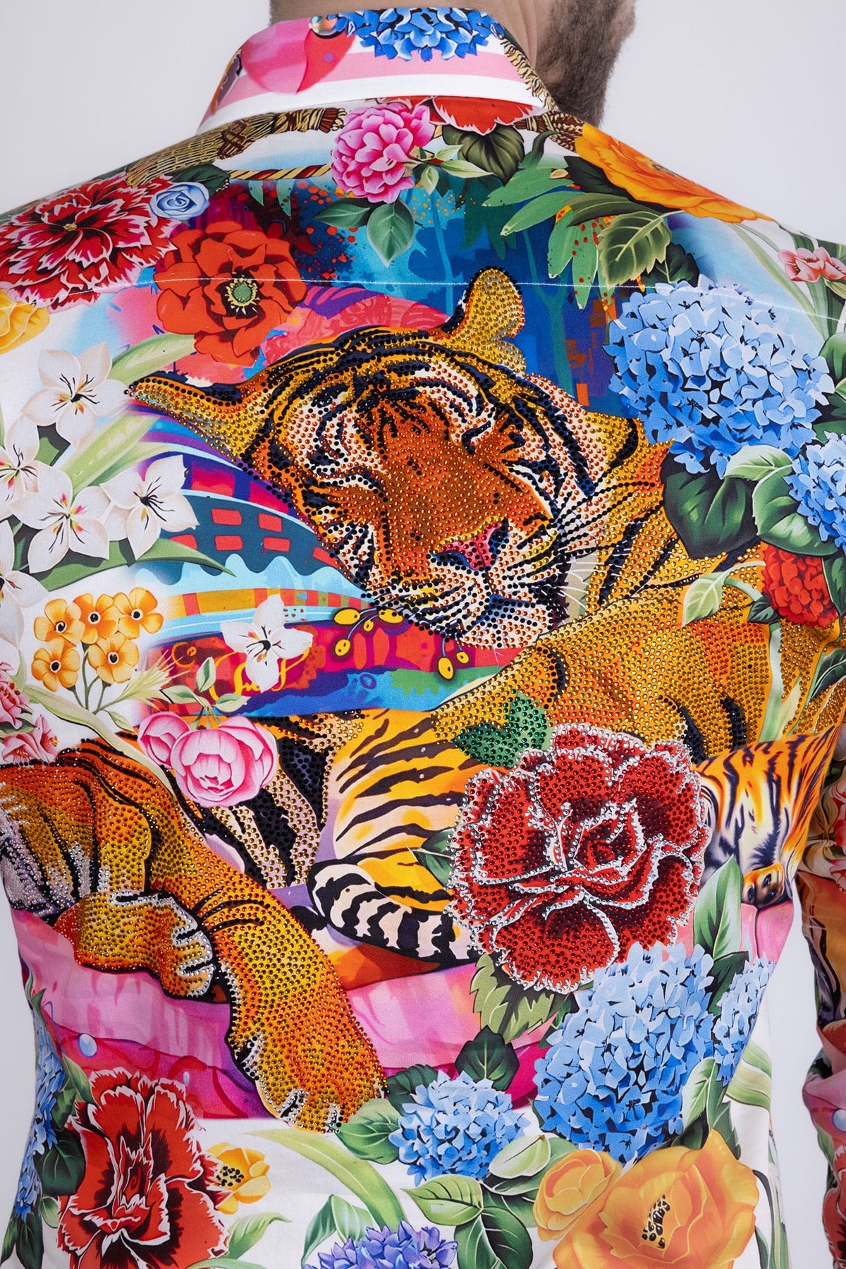 Barabas Men's Tiger Floral Rhinestones Long Sleeve Shirts 6SPR01 Green