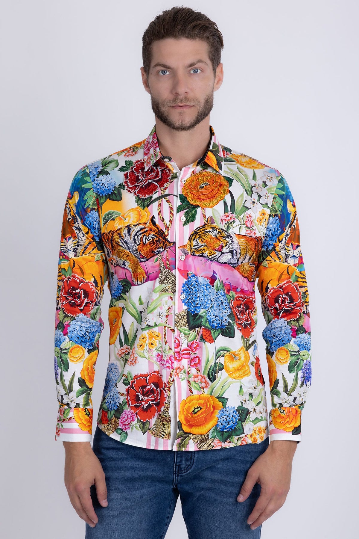 Barabas Men's Tiger Floral Rhinestones Long Sleeve Shirts 6SPR01 Orange