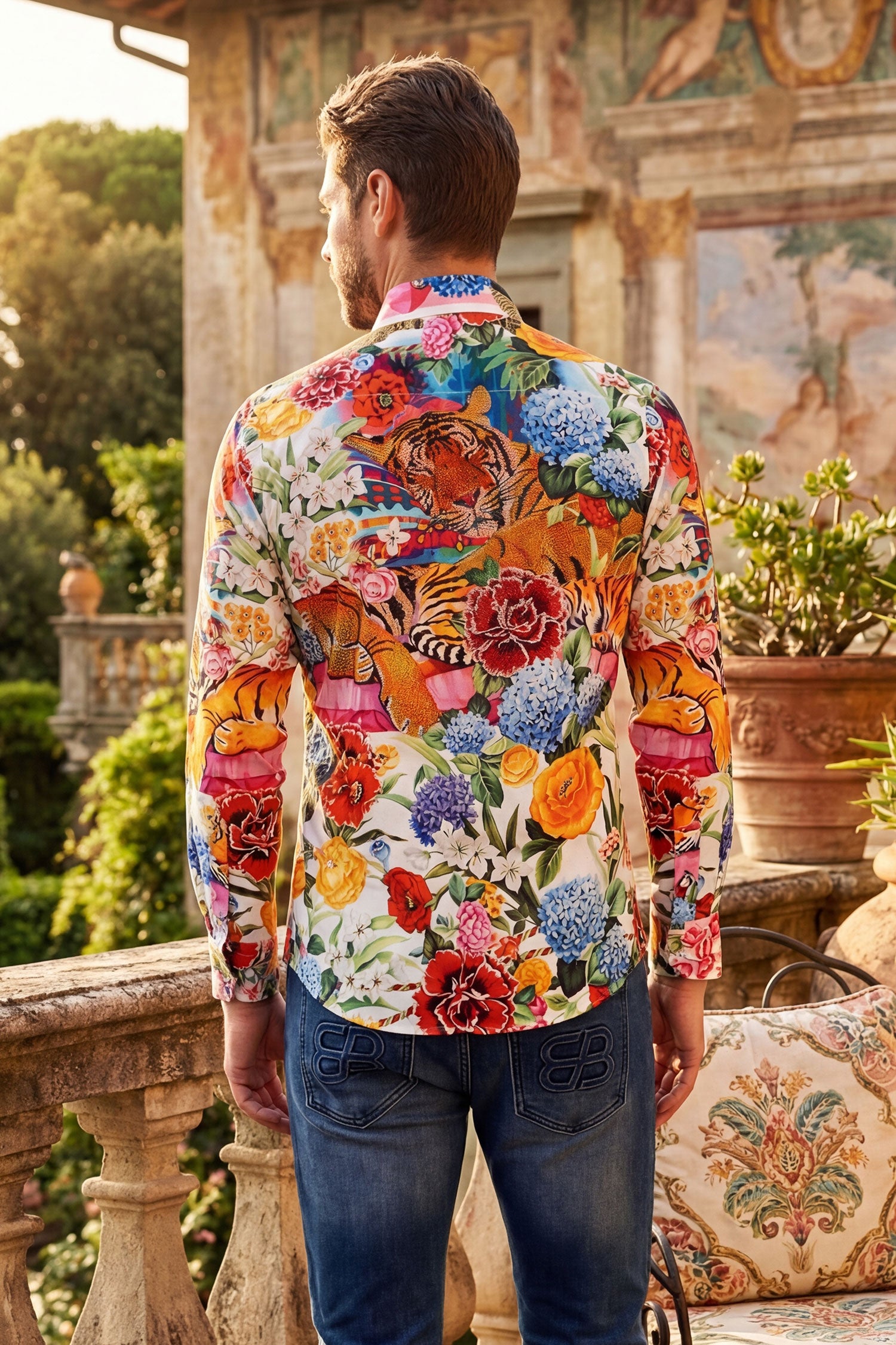 Barabas Men's Tiger Floral Rhinestones Long Sleeve Shirts 6SPR01 Red