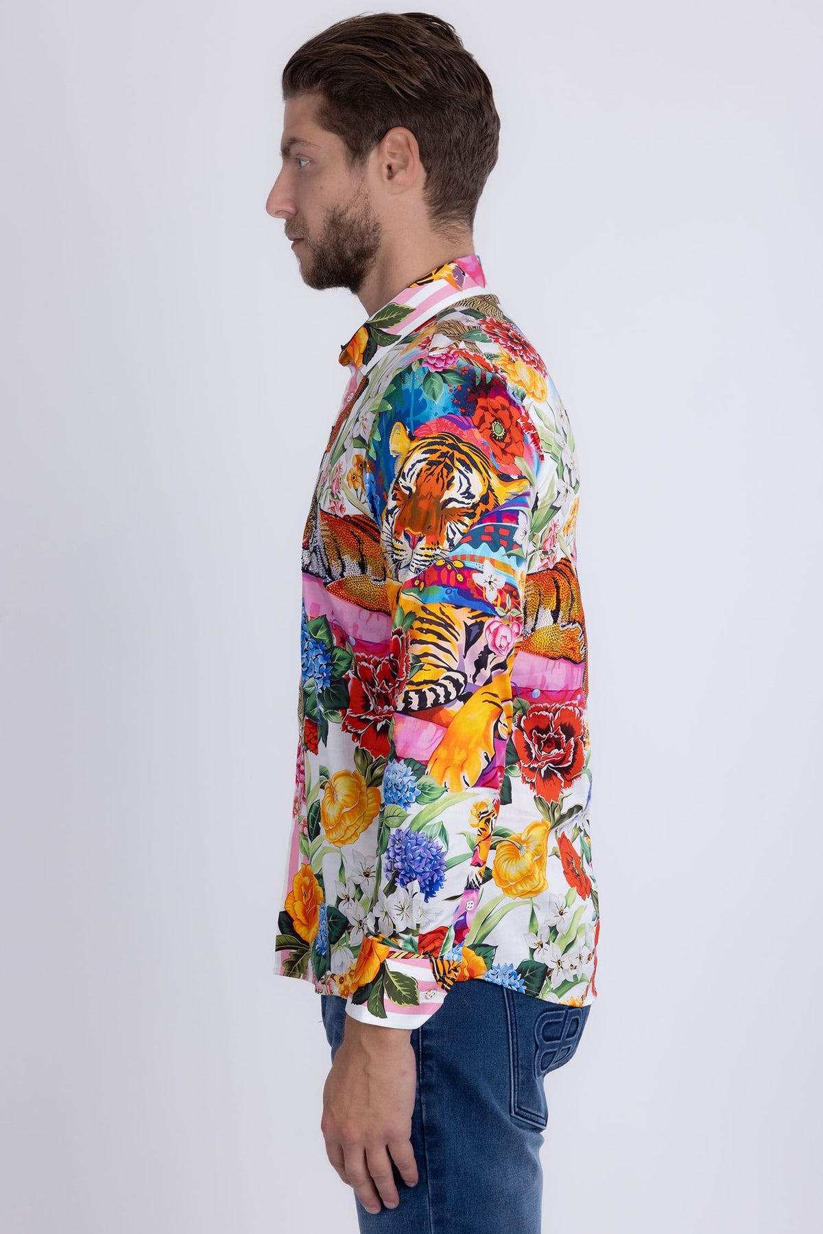 Barabas Men's Tiger Floral Rhinestones Long Sleeve Shirts 6SPR01 Blue