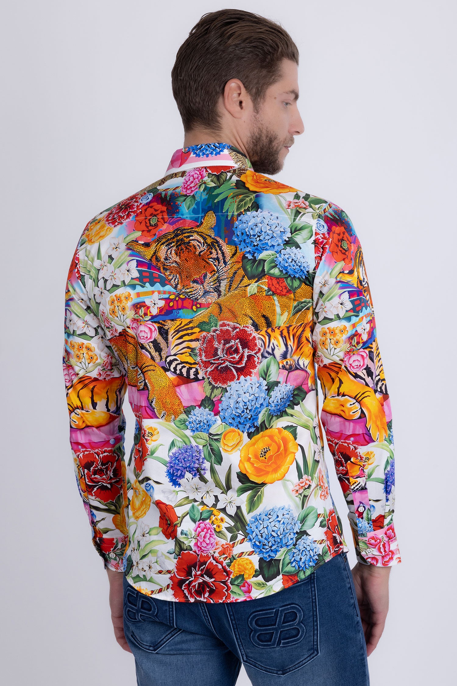 Barabas Men's Tiger Floral Rhinestones Long Sleeve Shirts 6SPR01 Yellow