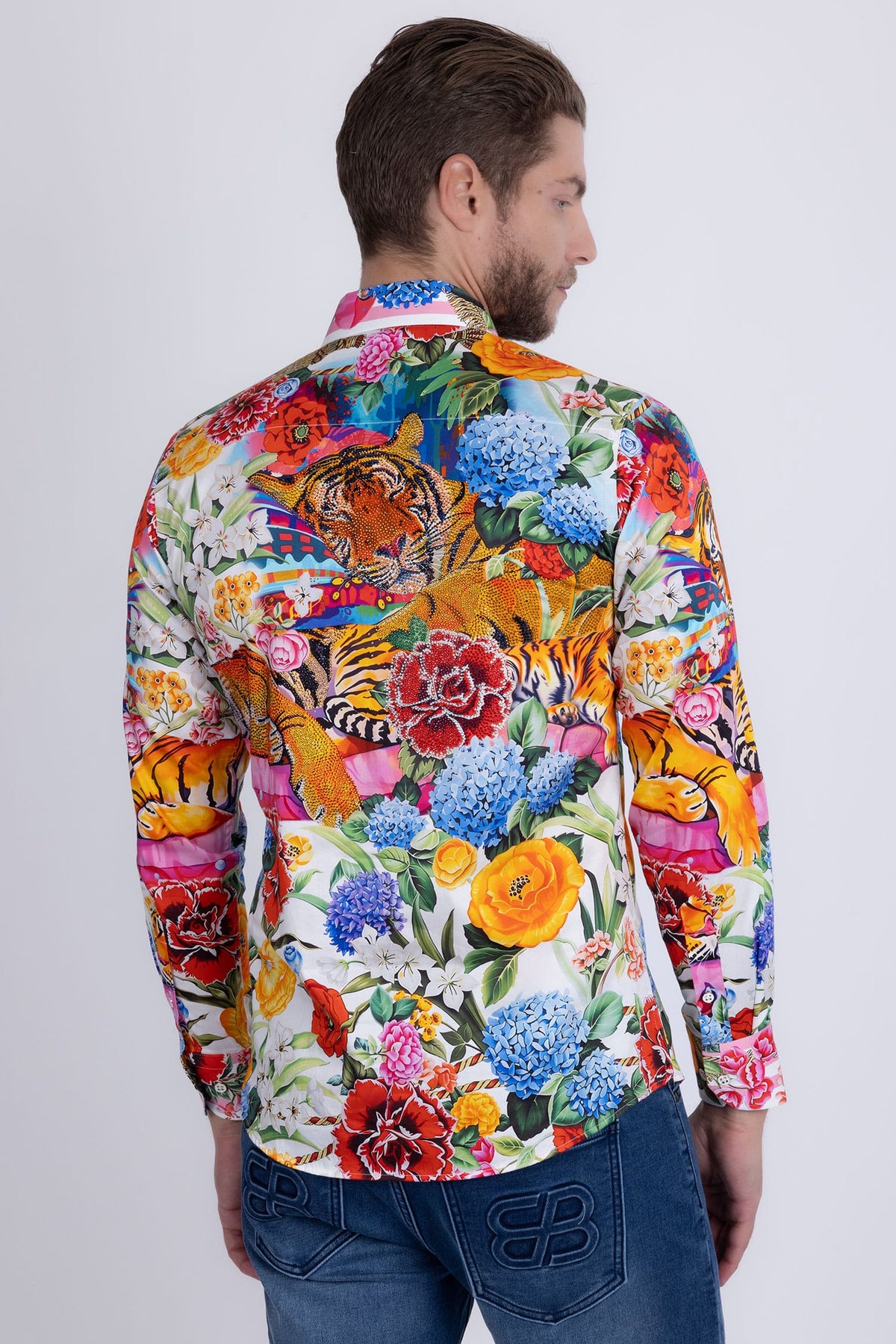 Barabas Men's Tiger Floral Rhinestones Long Sleeve Shirts 6SPR01 Yellow