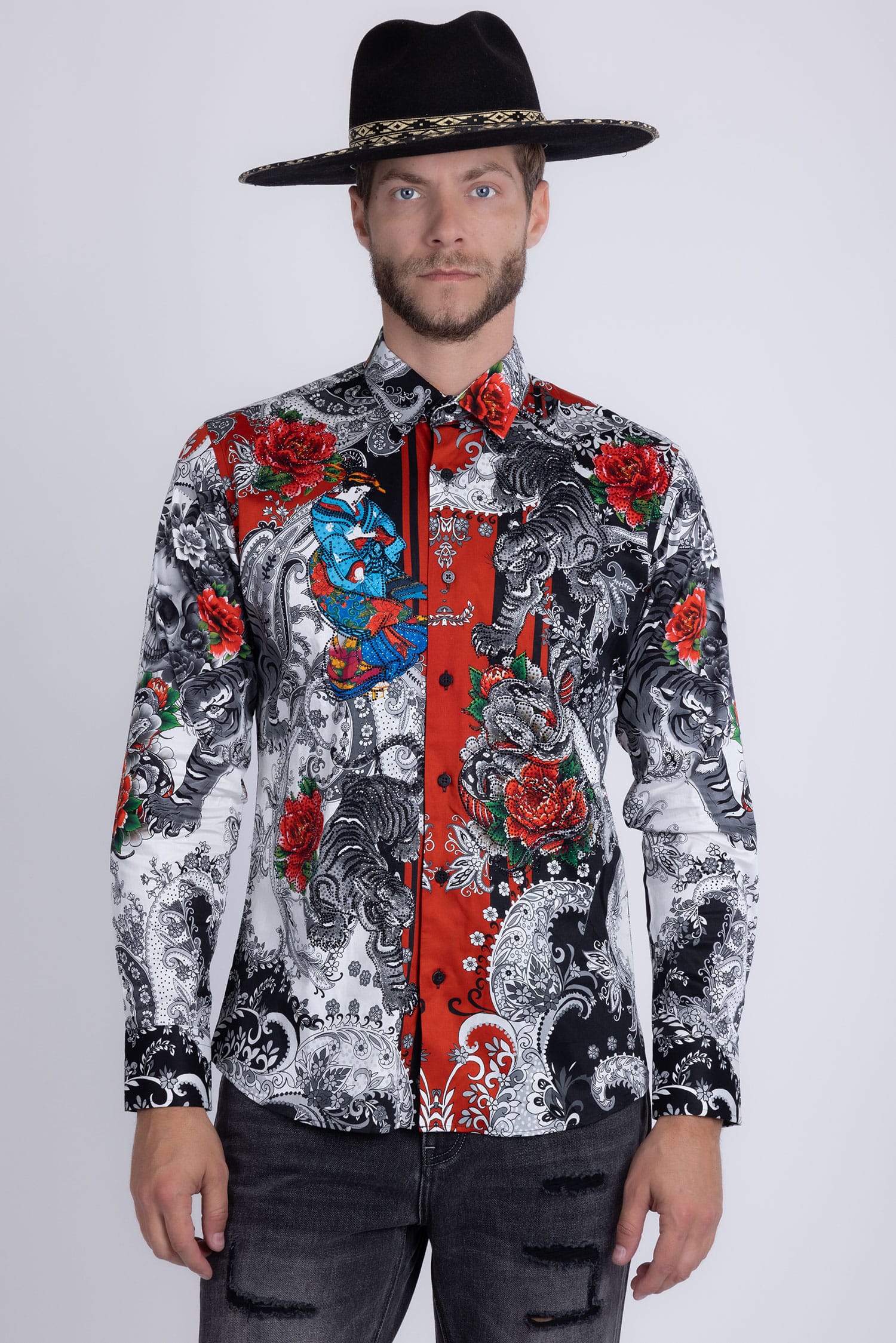 BARABAS® Men's Designer Rhinestone Long Sleeve Shirt Shirts 6SPR02 Black