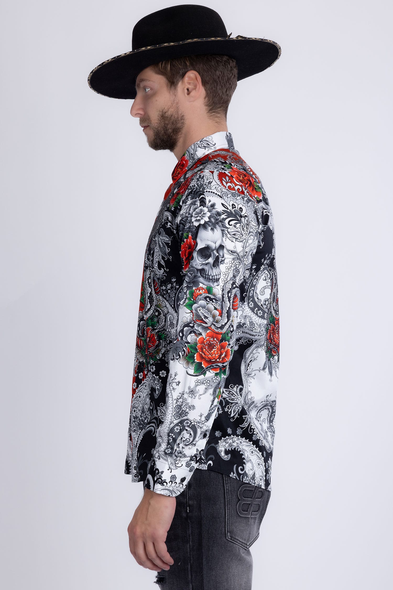 BARABAS® Men's Designer Rhinestone Long Sleeve Shirt Shirts 6SPR02 Black Red