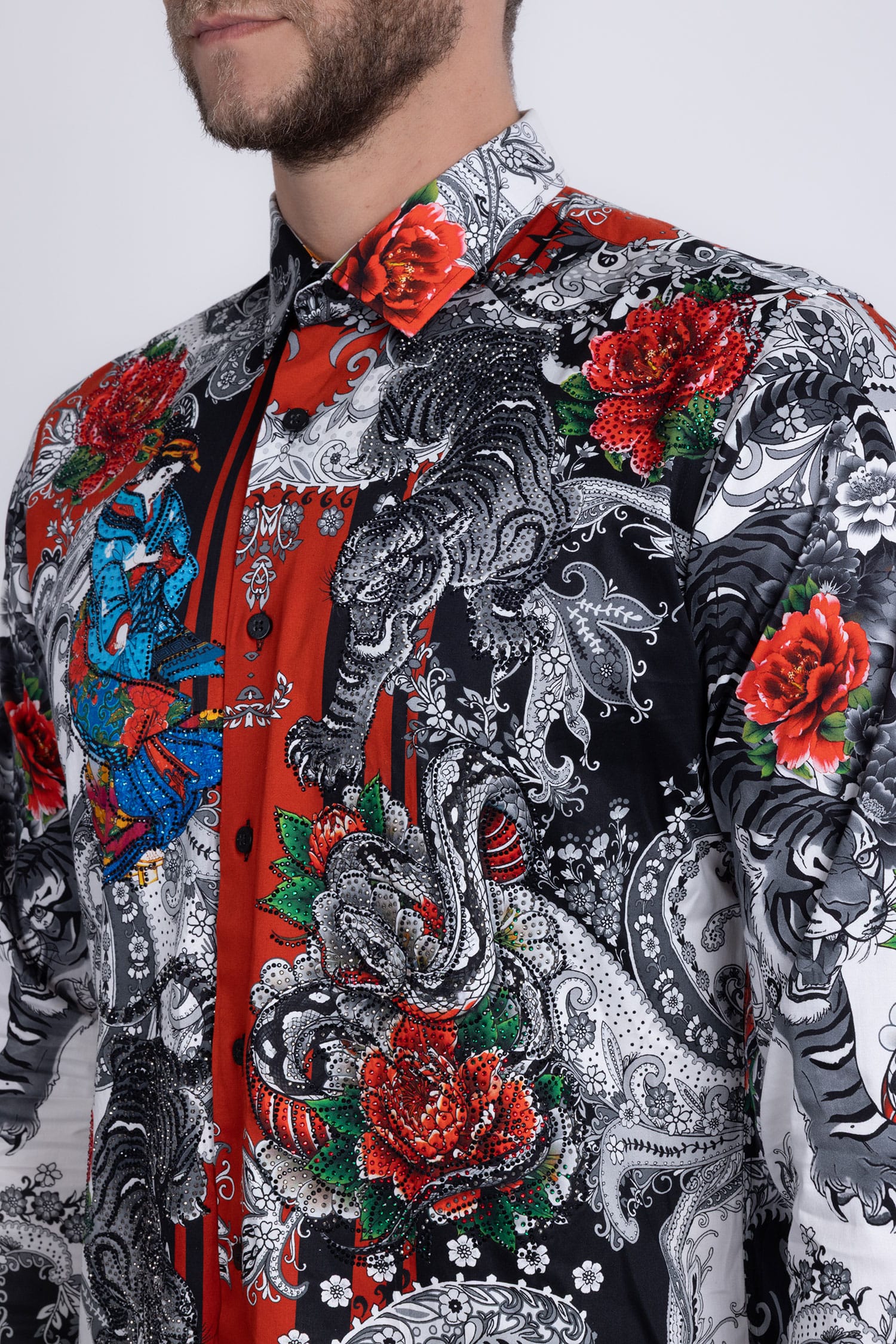 BARABAS® Men's Designer Rhinestone Long Sleeve Shirt Shirts 6SPR02 Black Grey