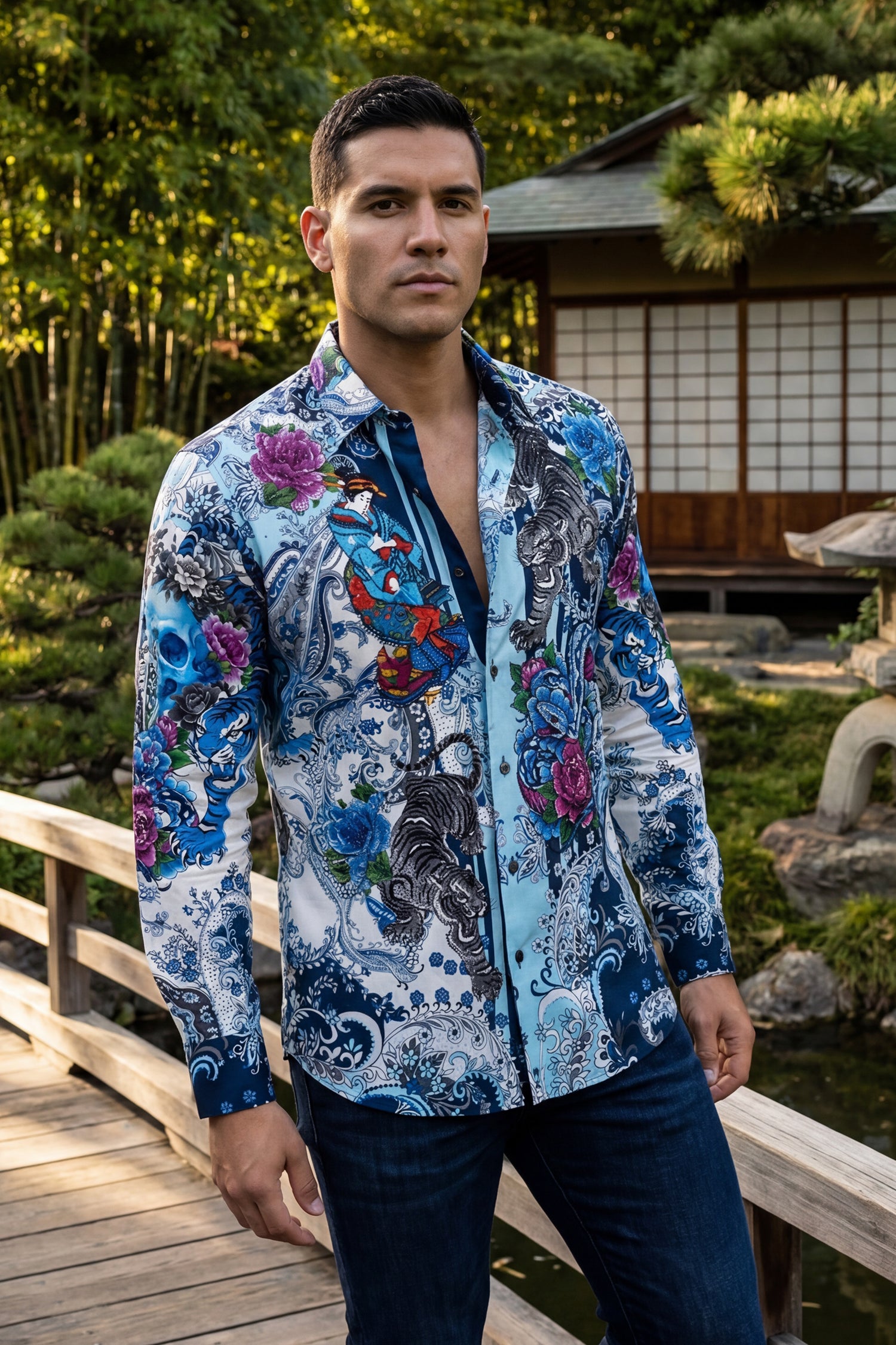 BARABAS® Men's Designer Rhinestone Long Sleeve Shirt Shirts 6SPR02 Blue