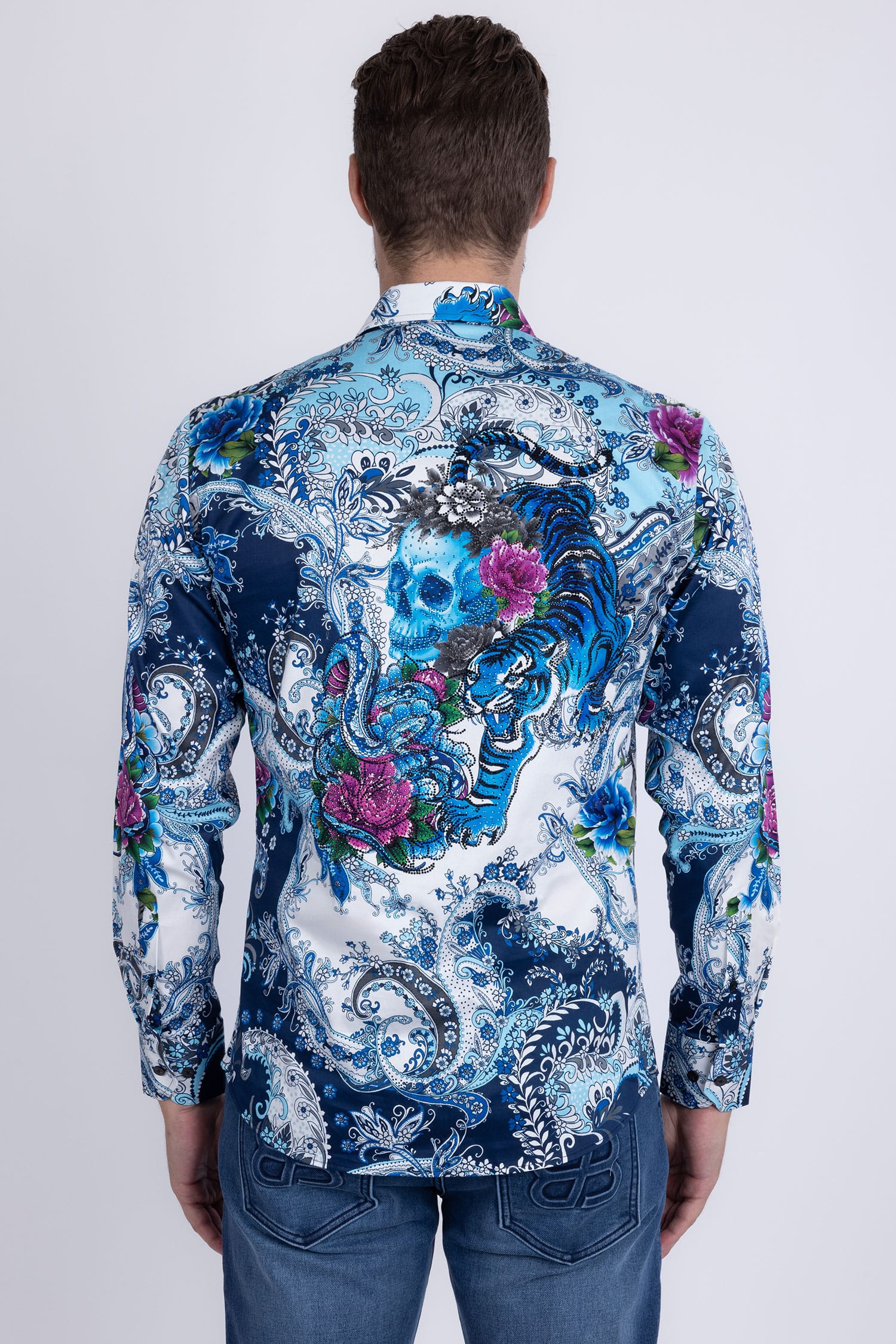 BARABAS® Men's Designer Rhinestone Long Sleeve Shirt Shirts 6SPR02 Blue