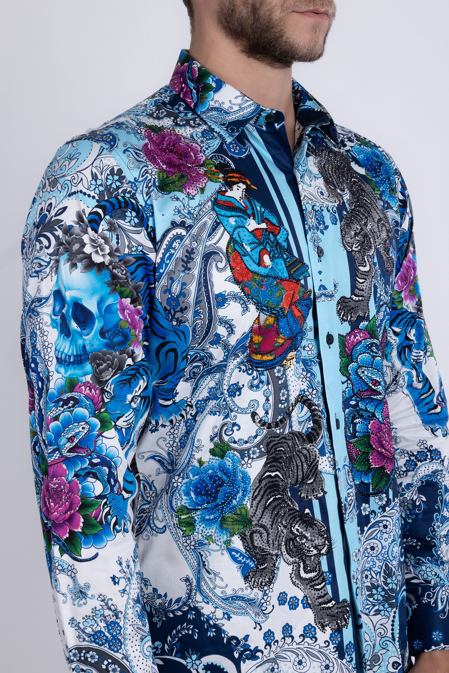BARABAS® Men's Designer Rhinestone Long Sleeve Shirt Shirts 6SPR02 Blue