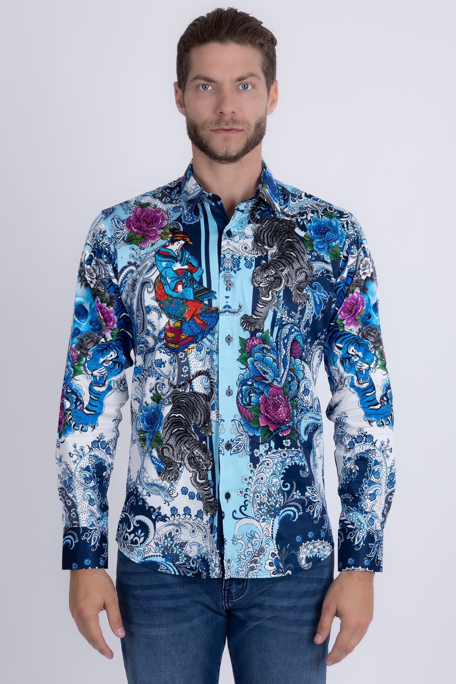 BARABAS® Men's Designer Rhinestone Long Sleeve Shirt Shirts 6SPR02 Blue