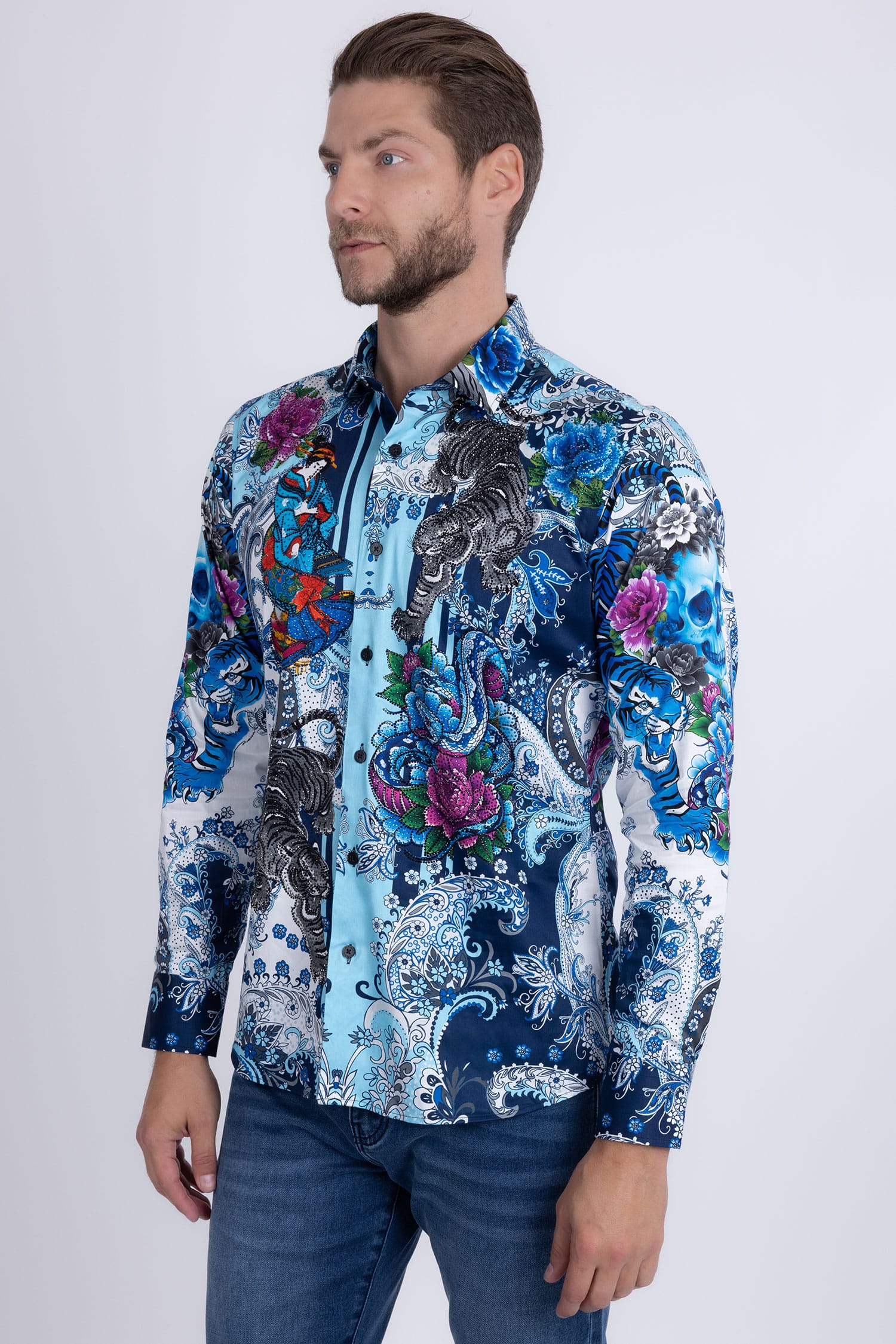 BARABAS® Men's Designer Rhinestone Long Sleeve Shirt Shirts 6SPR02 Blue