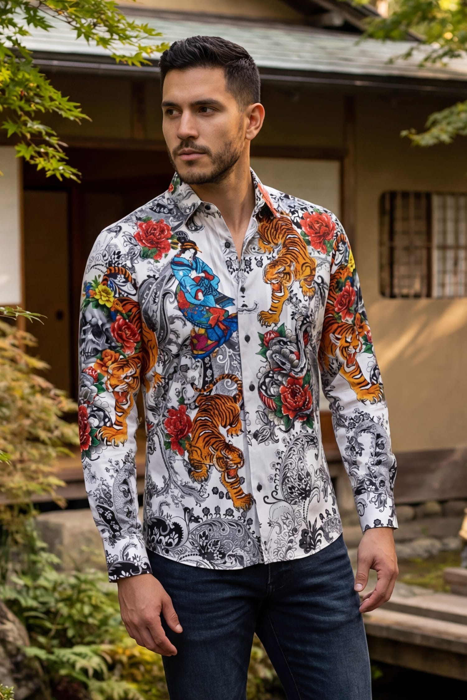 BARABAS® Men's Designer Rhinestone Long Sleeve Shirt Shirts 6SPR02 White