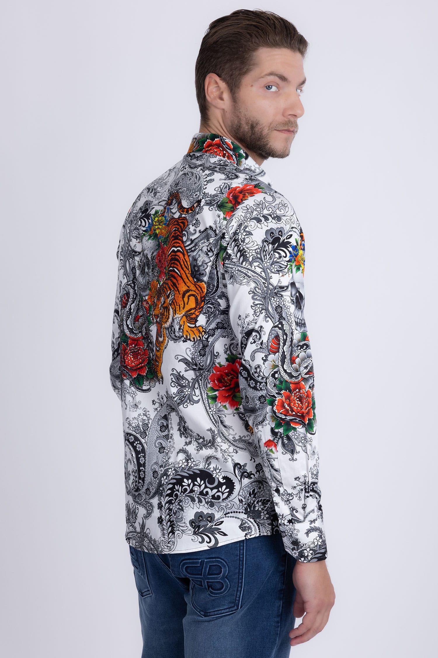 BARABAS® Men's Designer Rhinestone Long Sleeve Shirt Shirts 6SPR02 White