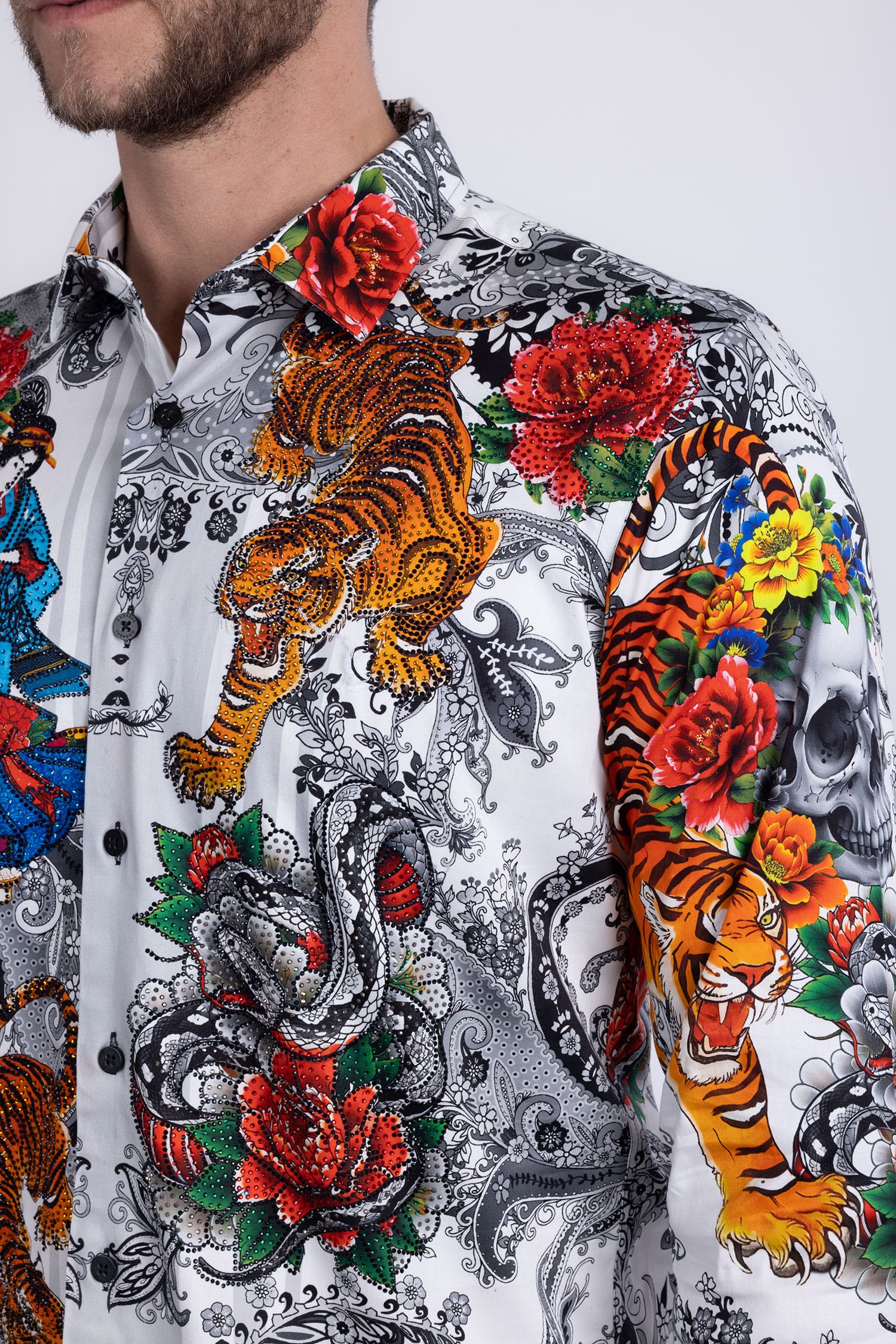 BARABAS® Men's Designer Rhinestone Long Sleeve Shirt Shirts 6SPR02 White