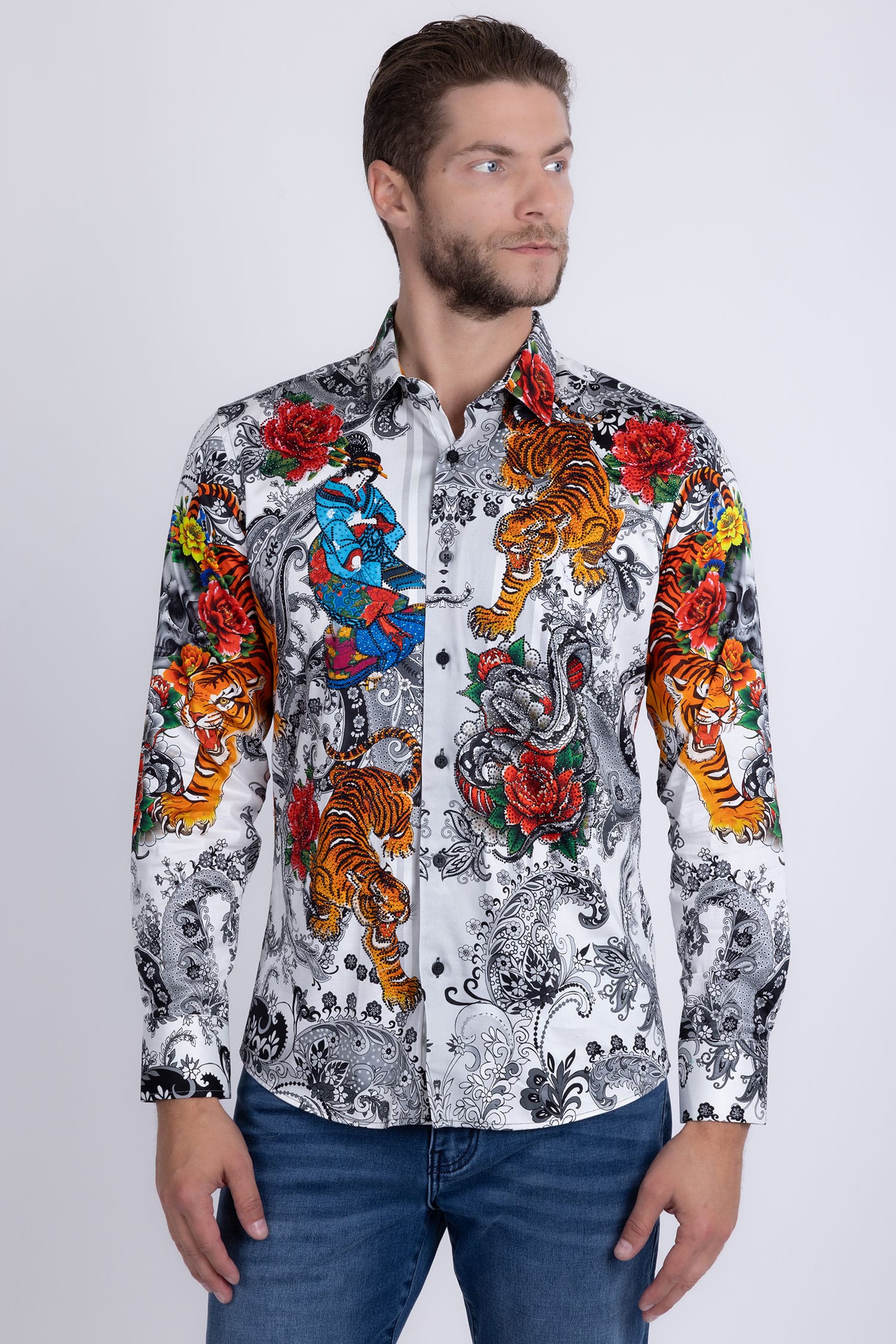 BARABAS® Men's Designer Rhinestone Long Sleeve Shirt Shirts 6SPR02 White