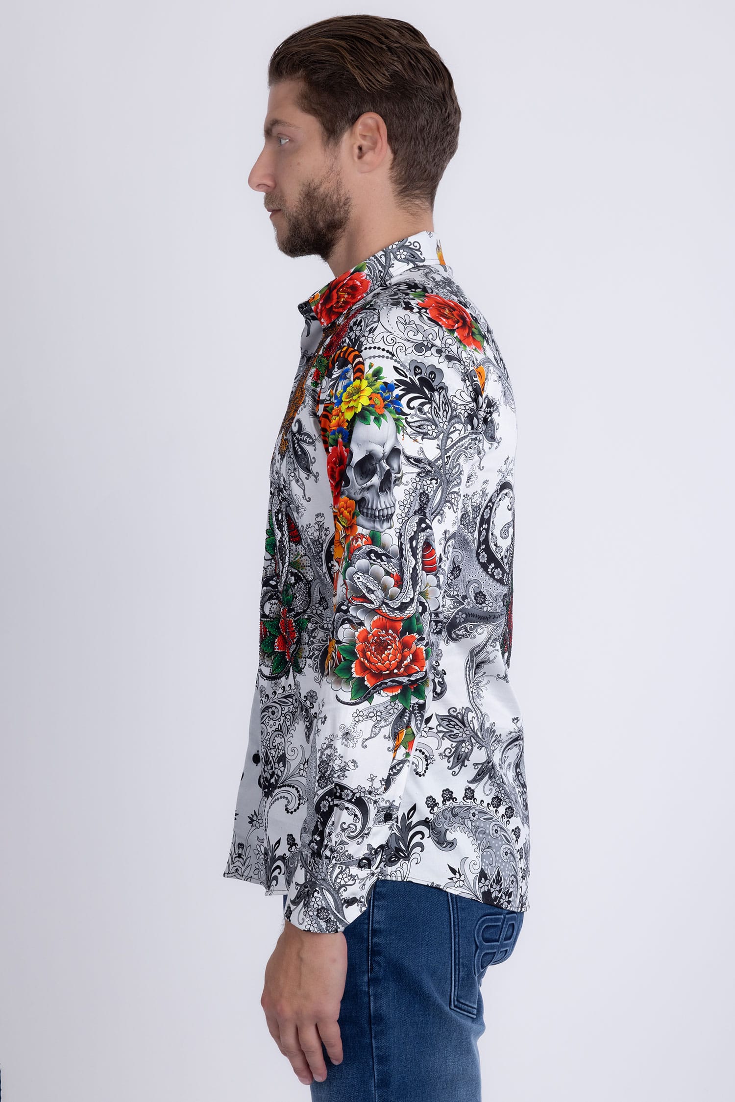 BARABAS® Men's Designer Rhinestone Long Sleeve Shirt Shirts 6SPR02 White