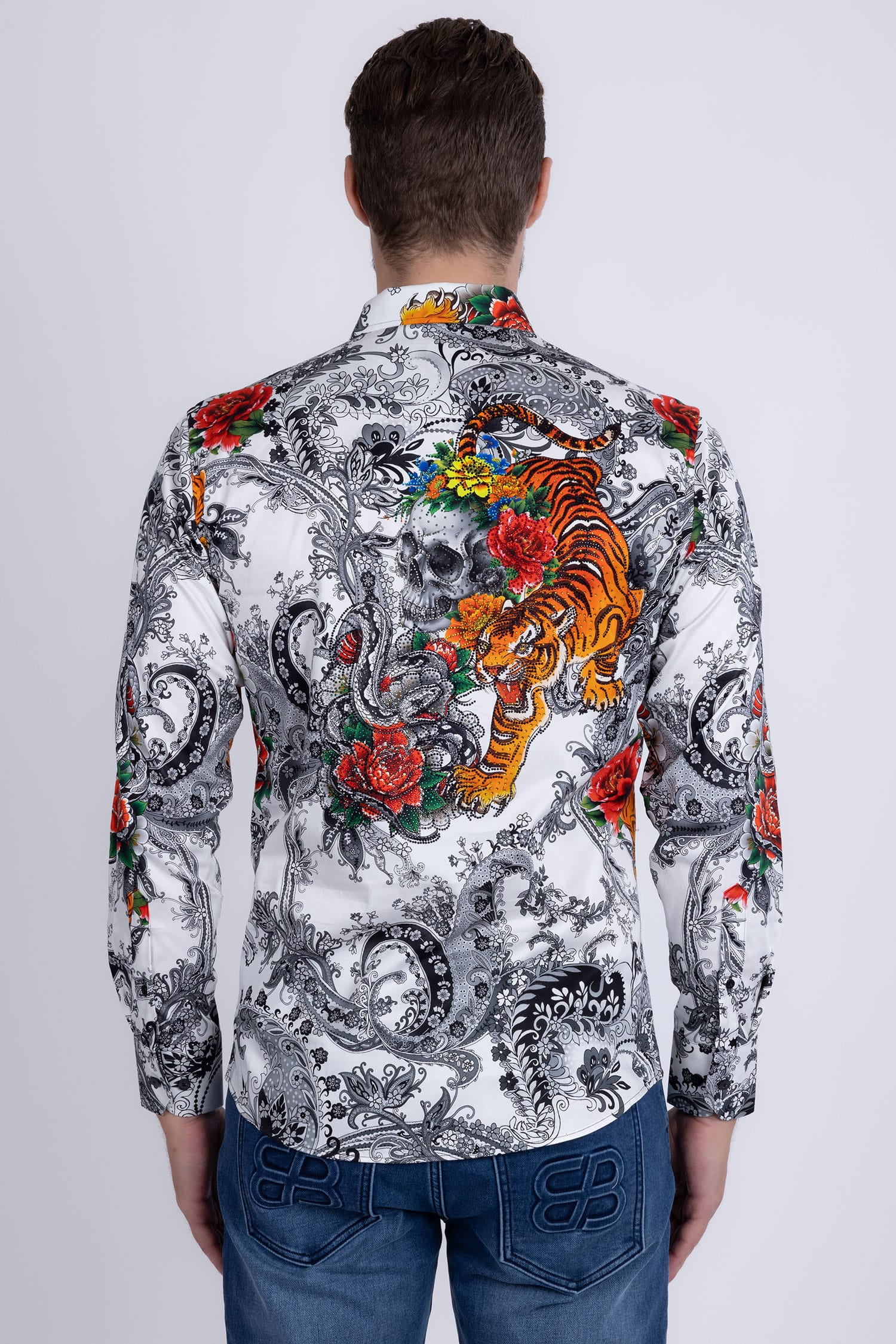 BARABAS® Men's Designer Rhinestone Long Sleeve Shirt Shirts 6SPR02 White